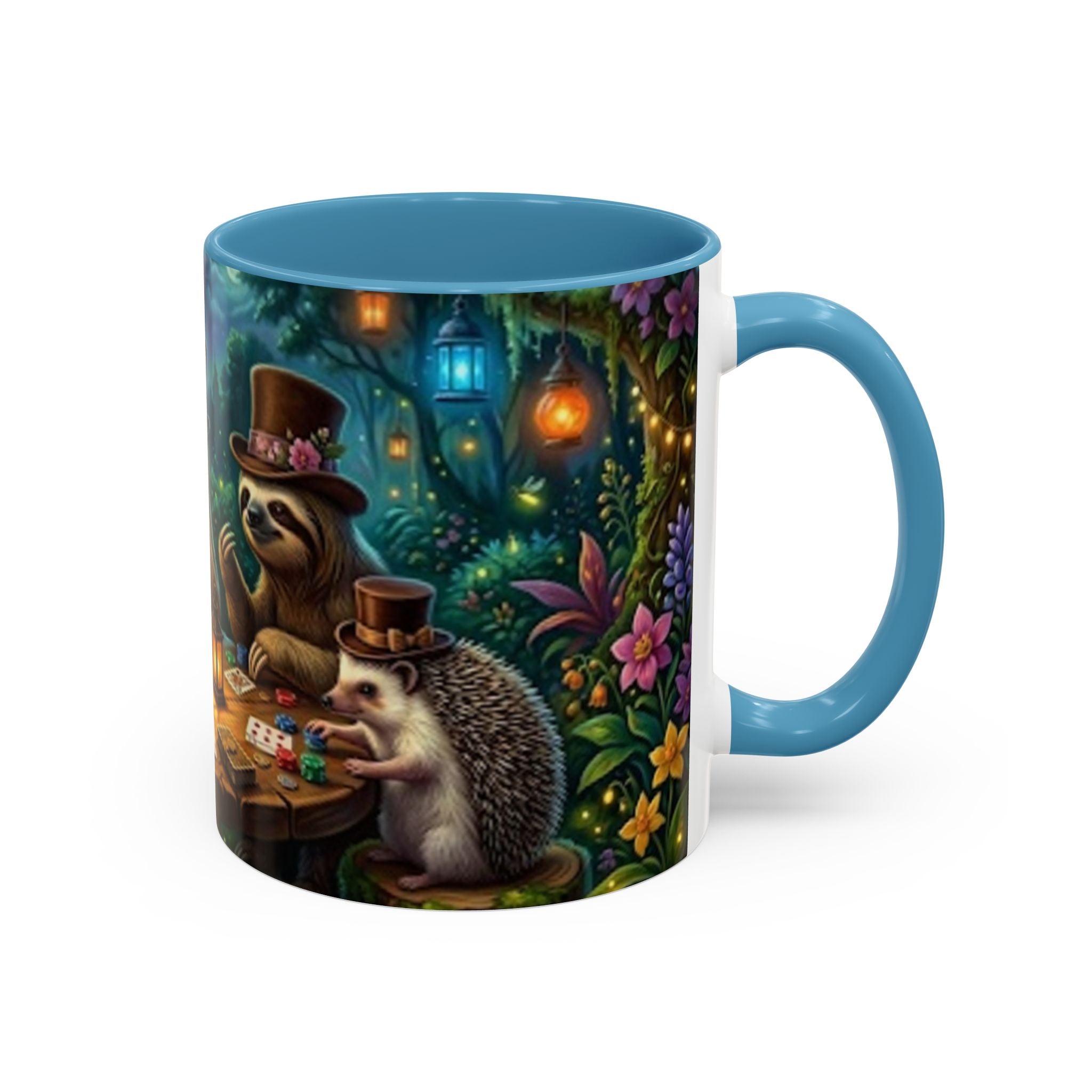 Sloth & Hedgehog Poker Night Coffee Mug — Whimsical Woodland Animal Tea Cup (11/15oz)