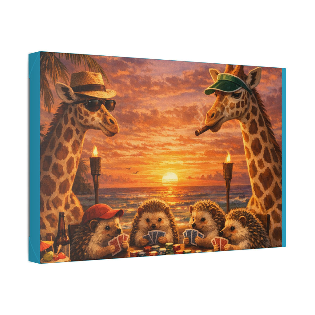 Sunset Poker Night Canvas — Whimsical Giraffes & Hedgehogs Art Print