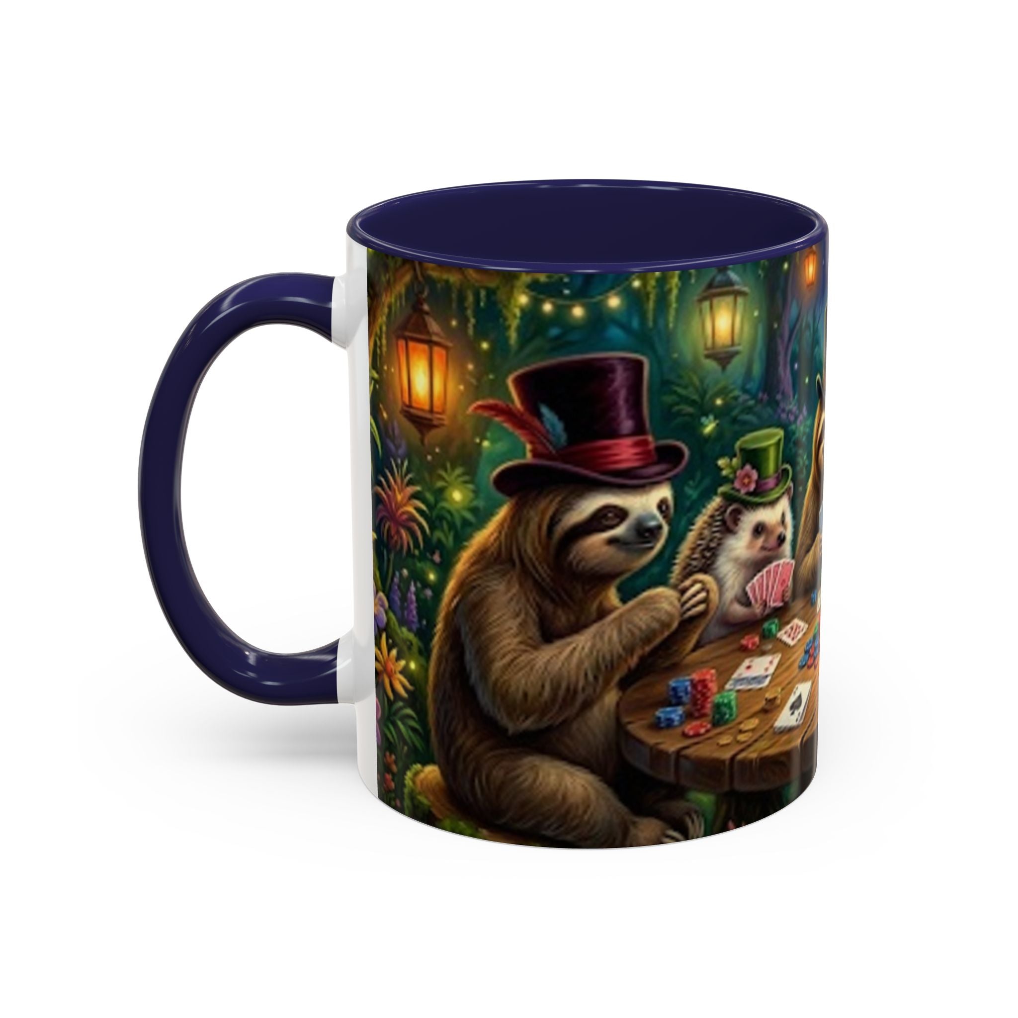 Sloth & Hedgehog Poker Night Coffee Mug — Whimsical Woodland Animal Tea Cup (11/15oz)