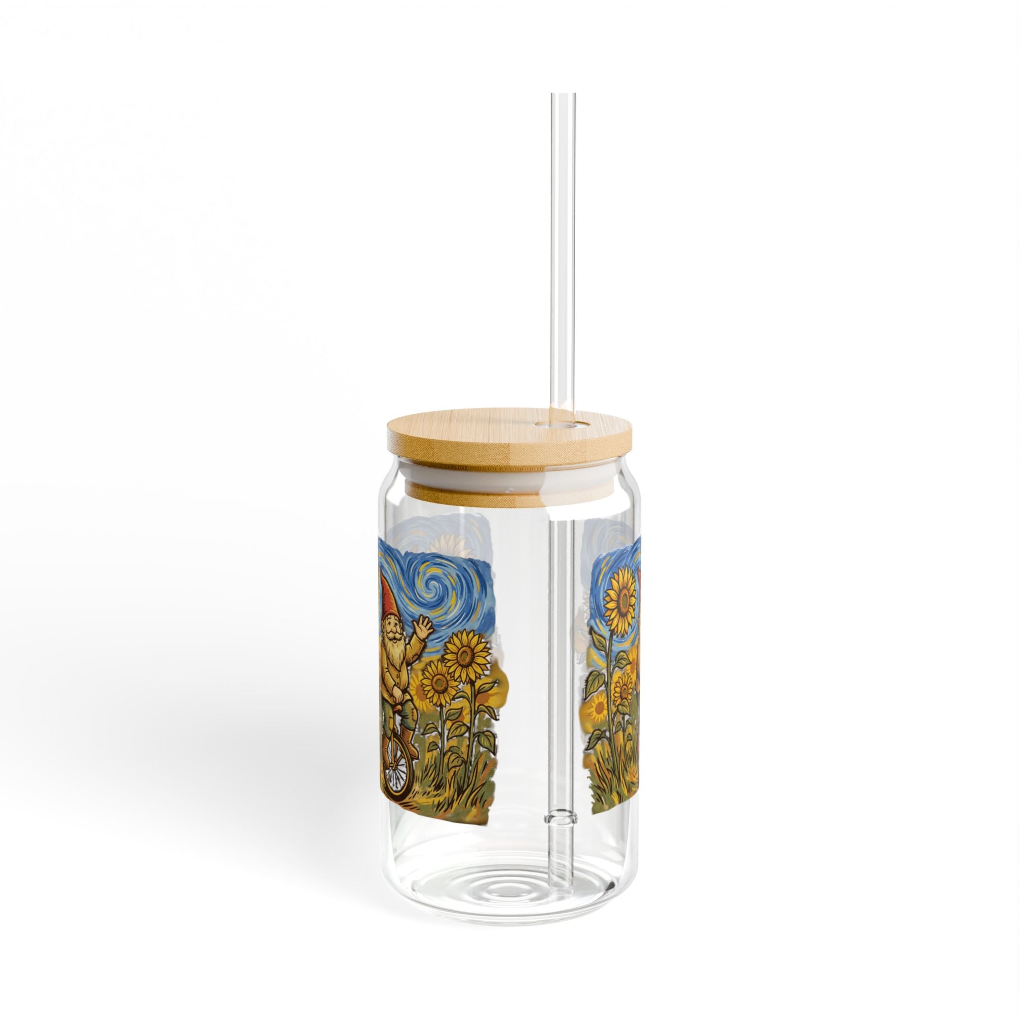 Glass Sipper Tumbler — Whimsical Gnome on Unicycle with Sunflowers (16oz)