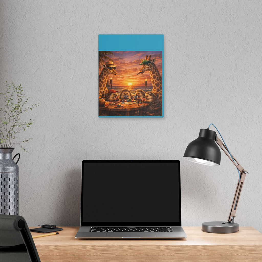 Sunset Poker Night Canvas — Whimsical Giraffes & Hedgehogs Art Print