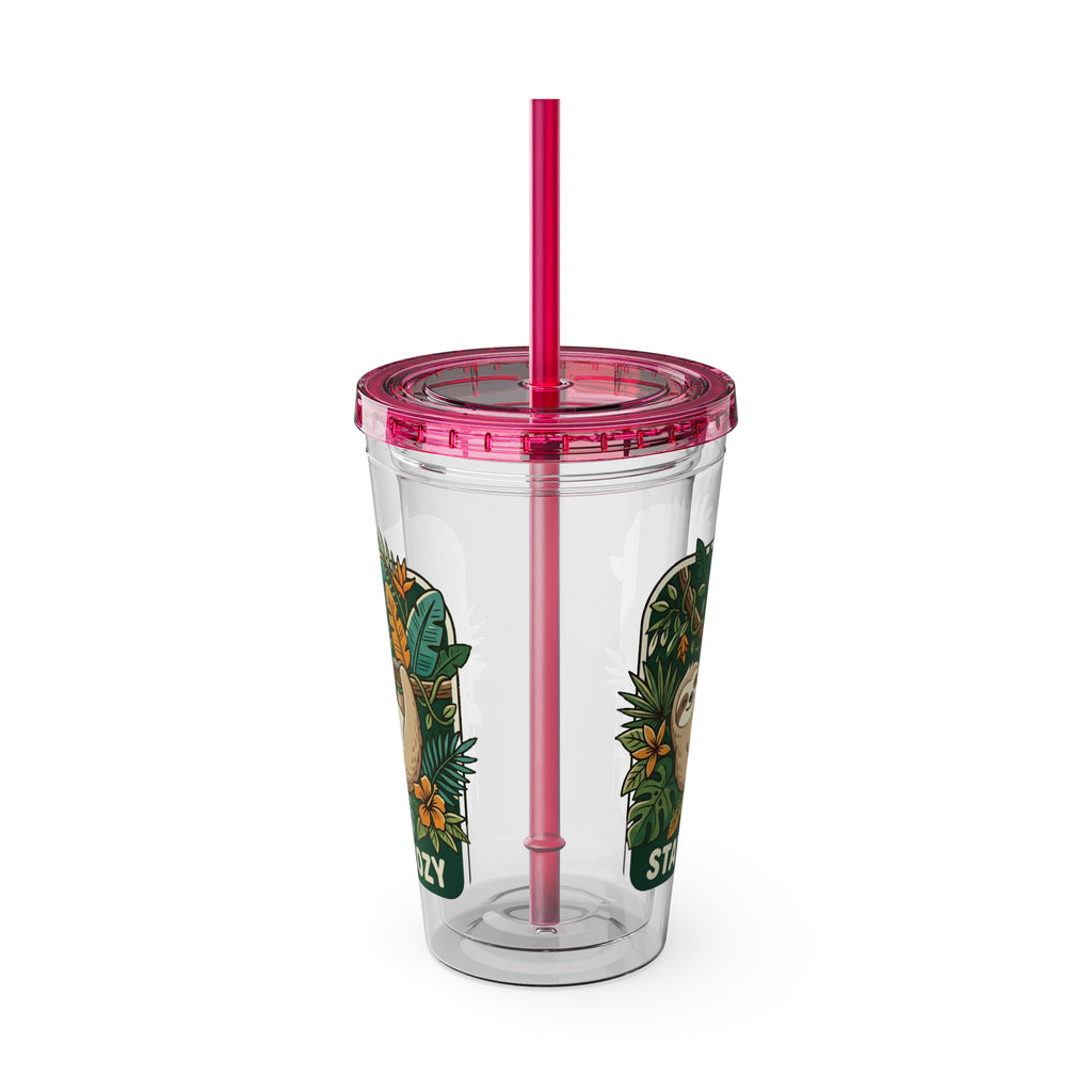 Stay Cozy Sloth Tumbler — 16oz Clear Insulated Cup with Straw