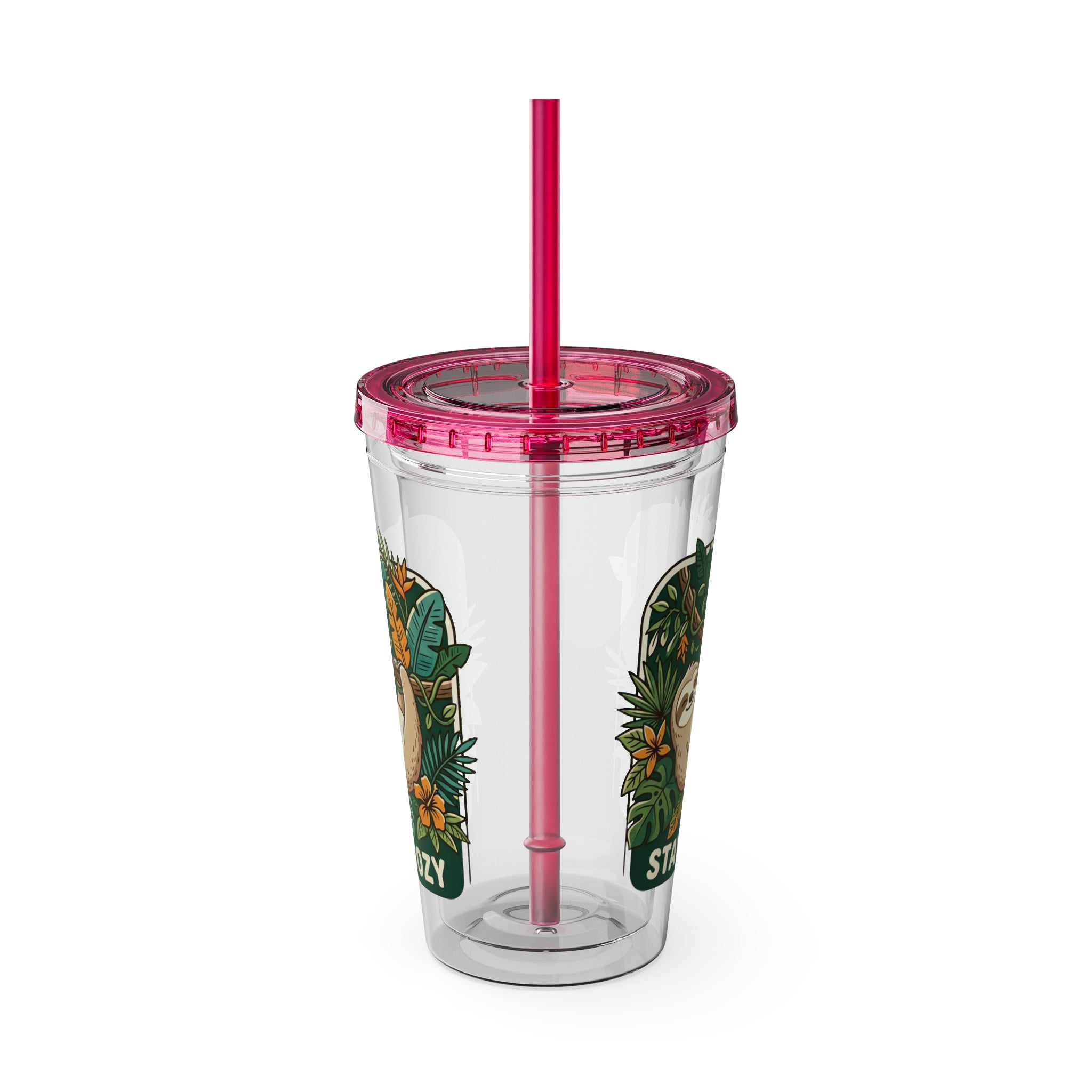 Stay Cozy Sloth Tumbler — 16oz Clear Insulated Cup with Straw