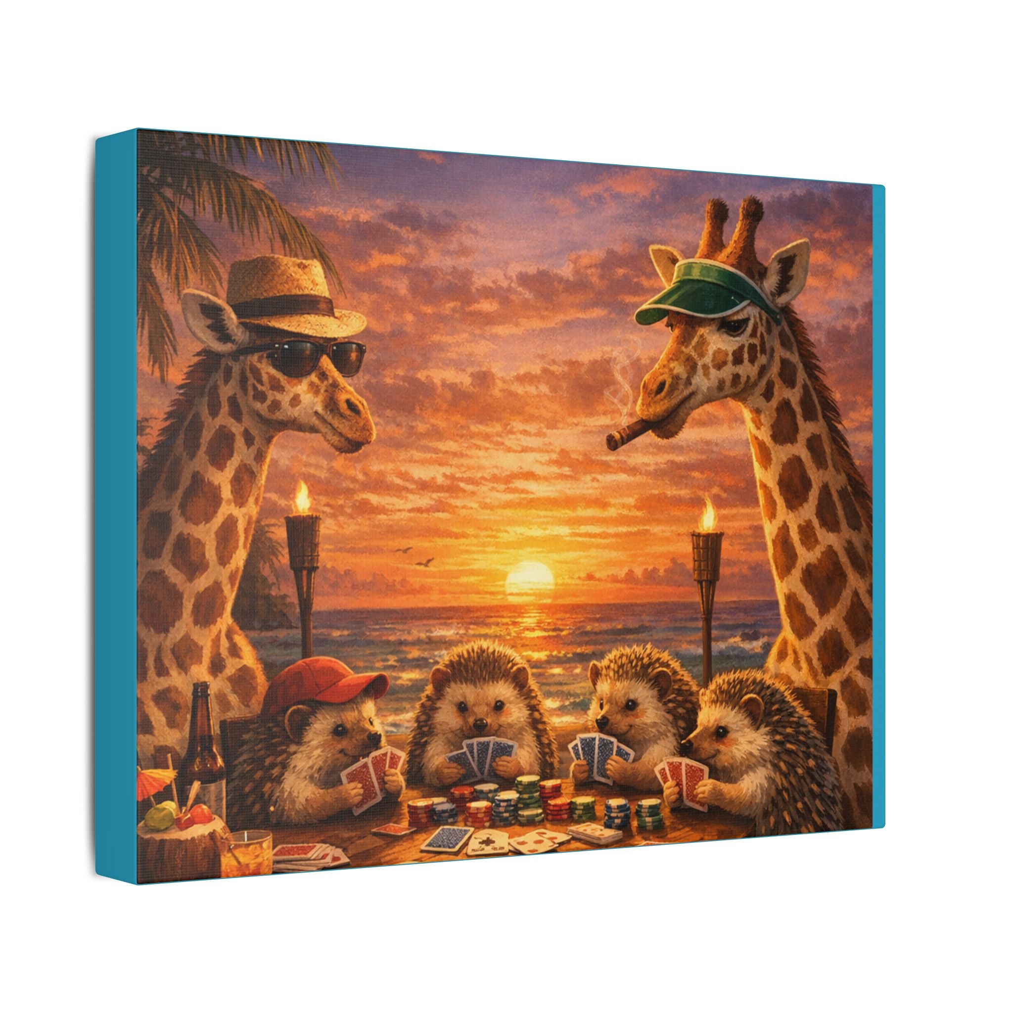Sunset Poker Night Canvas — Whimsical Giraffes & Hedgehogs Art Print