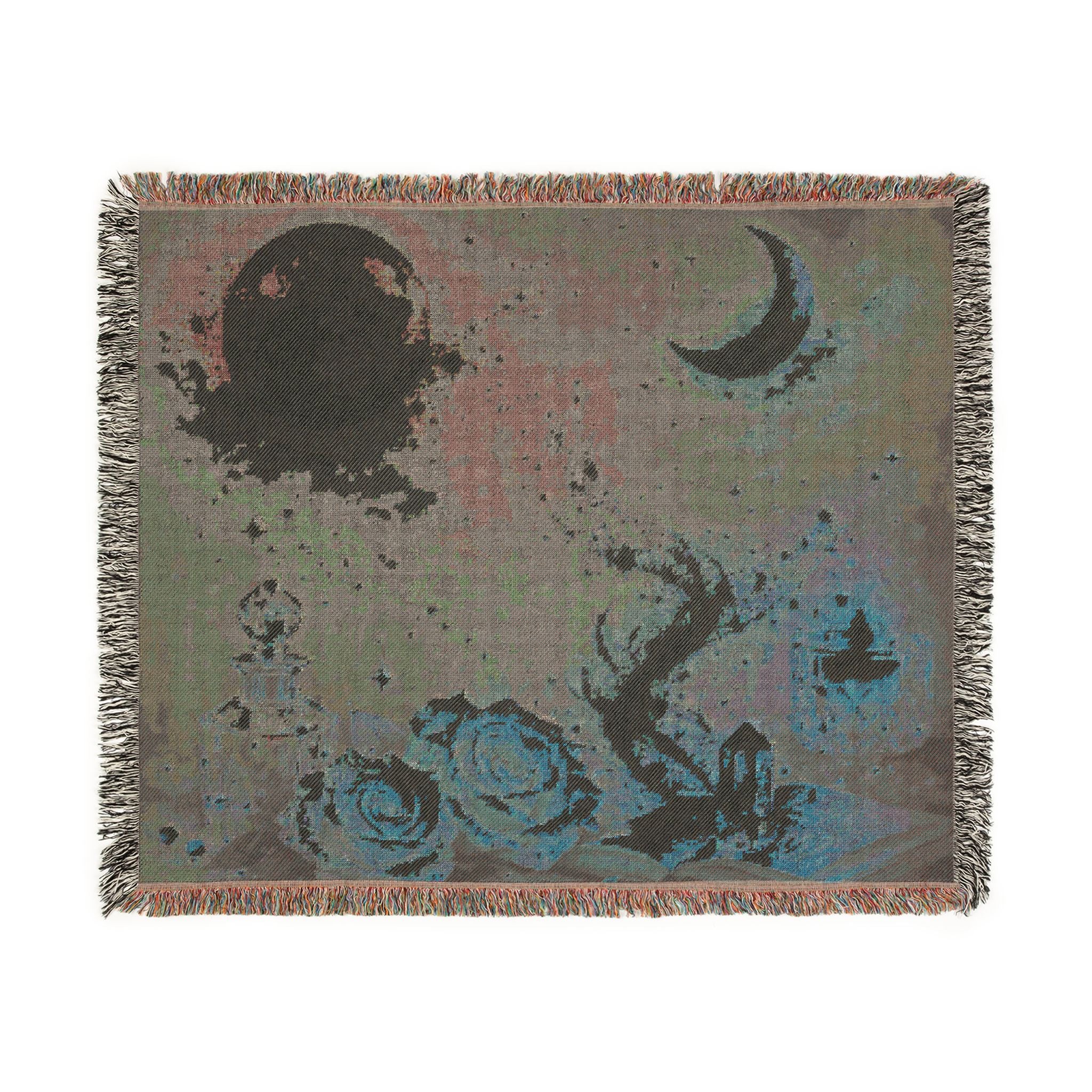 Moon & Roses Woven Blanket — Floral Lunar Throw