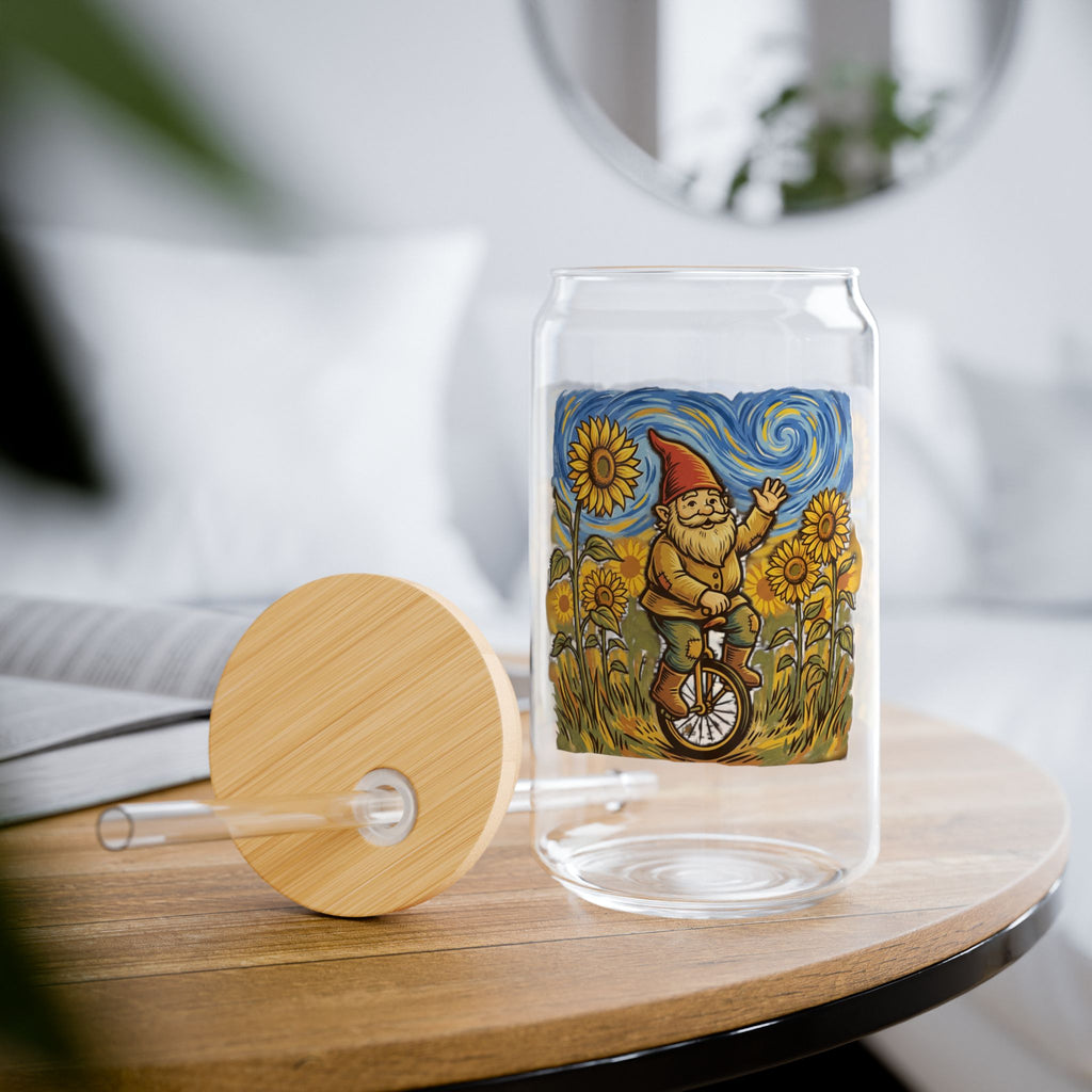 Glass Sipper Tumbler — Whimsical Gnome on Unicycle with Sunflowers (16oz)