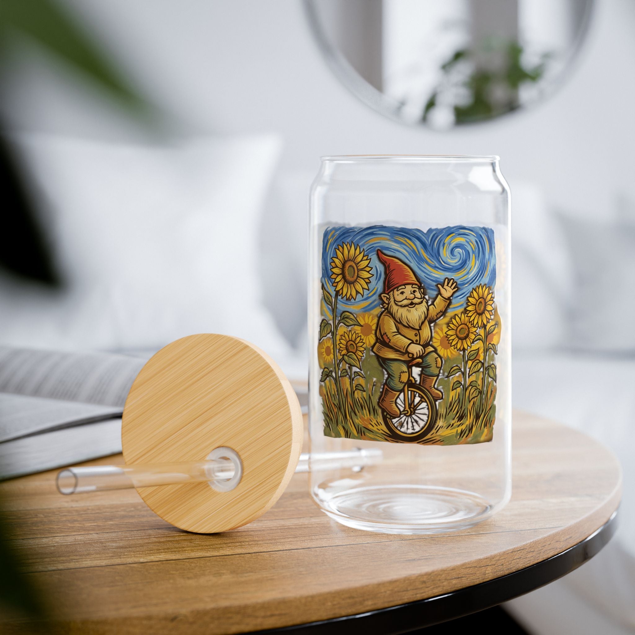 Glass Sipper Tumbler — Whimsical Gnome on Unicycle with Sunflowers (16oz)