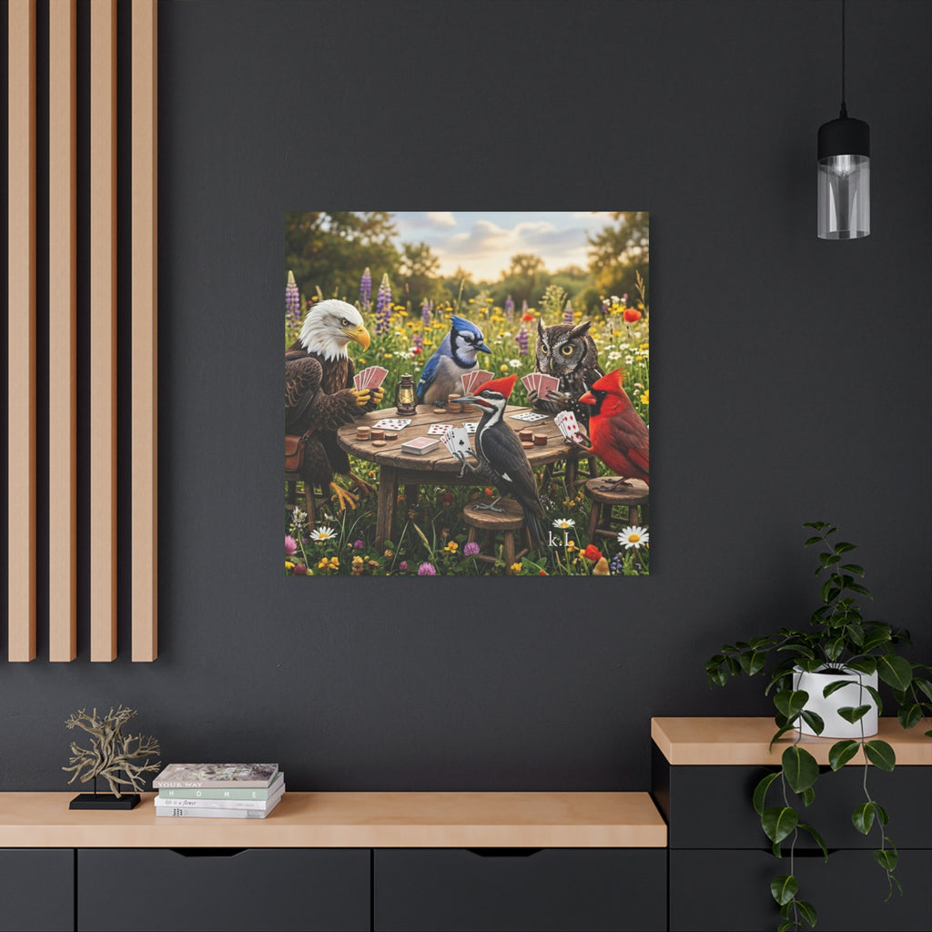 Canvas Wall Art — Woodland Birds Playing Cards Scene