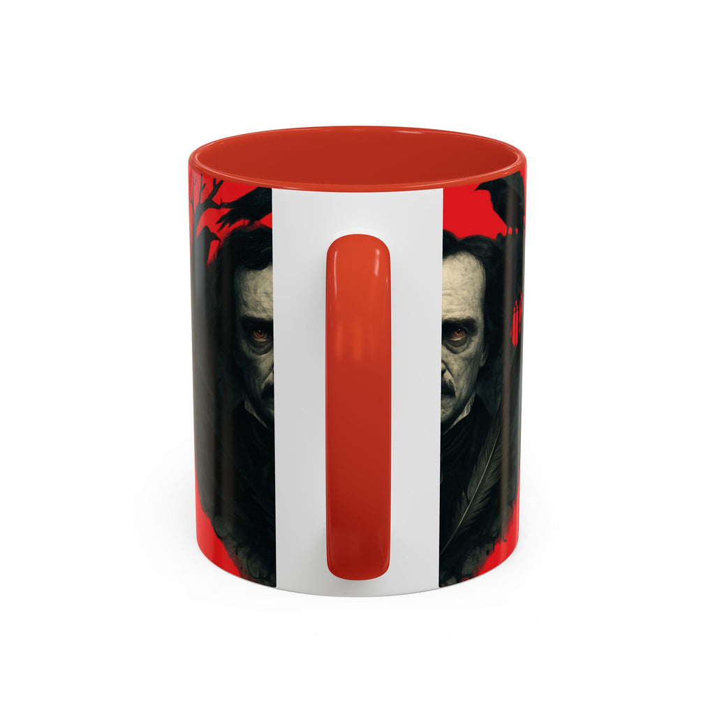 Edgar Allan Poe Portrait Coffee Mug — Gothic Raven Red Accent (11/15oz)
