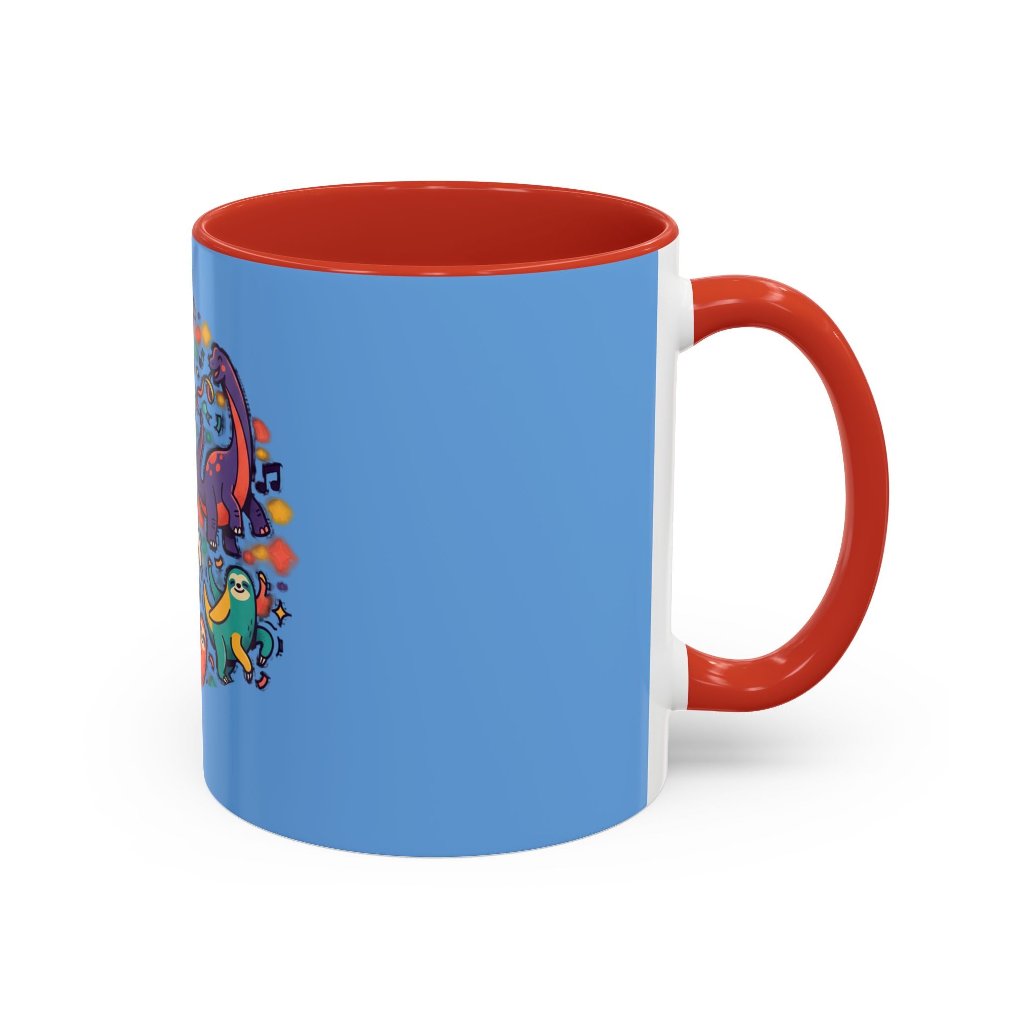 Cute Dancing Dinosaurs & Sloths Accent Coffee Mug — Colorful 11/15oz Ceramic