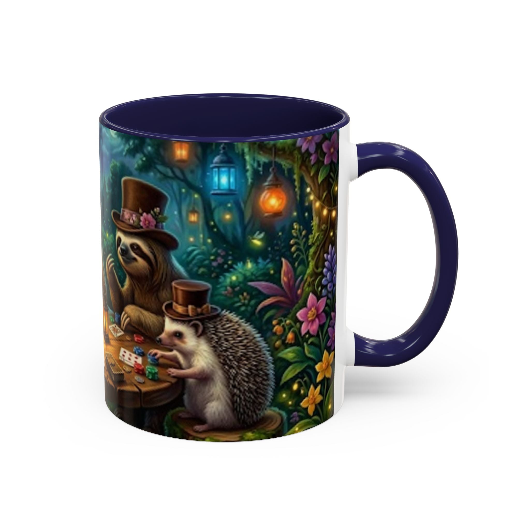 Sloth & Hedgehog Poker Night Coffee Mug — Whimsical Woodland Animal Tea Cup (11/15oz)