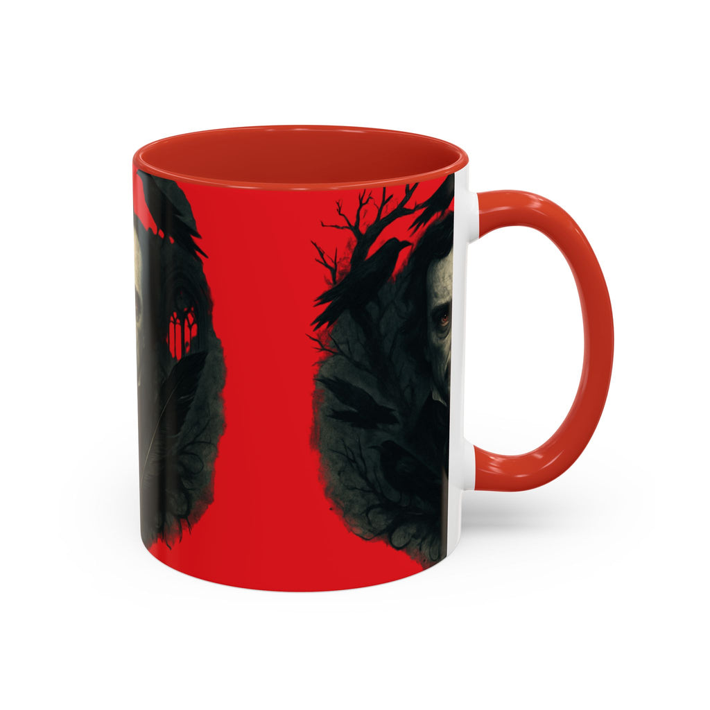 Edgar Allan Poe Portrait Coffee Mug — Gothic Raven Red Accent (11/15oz)