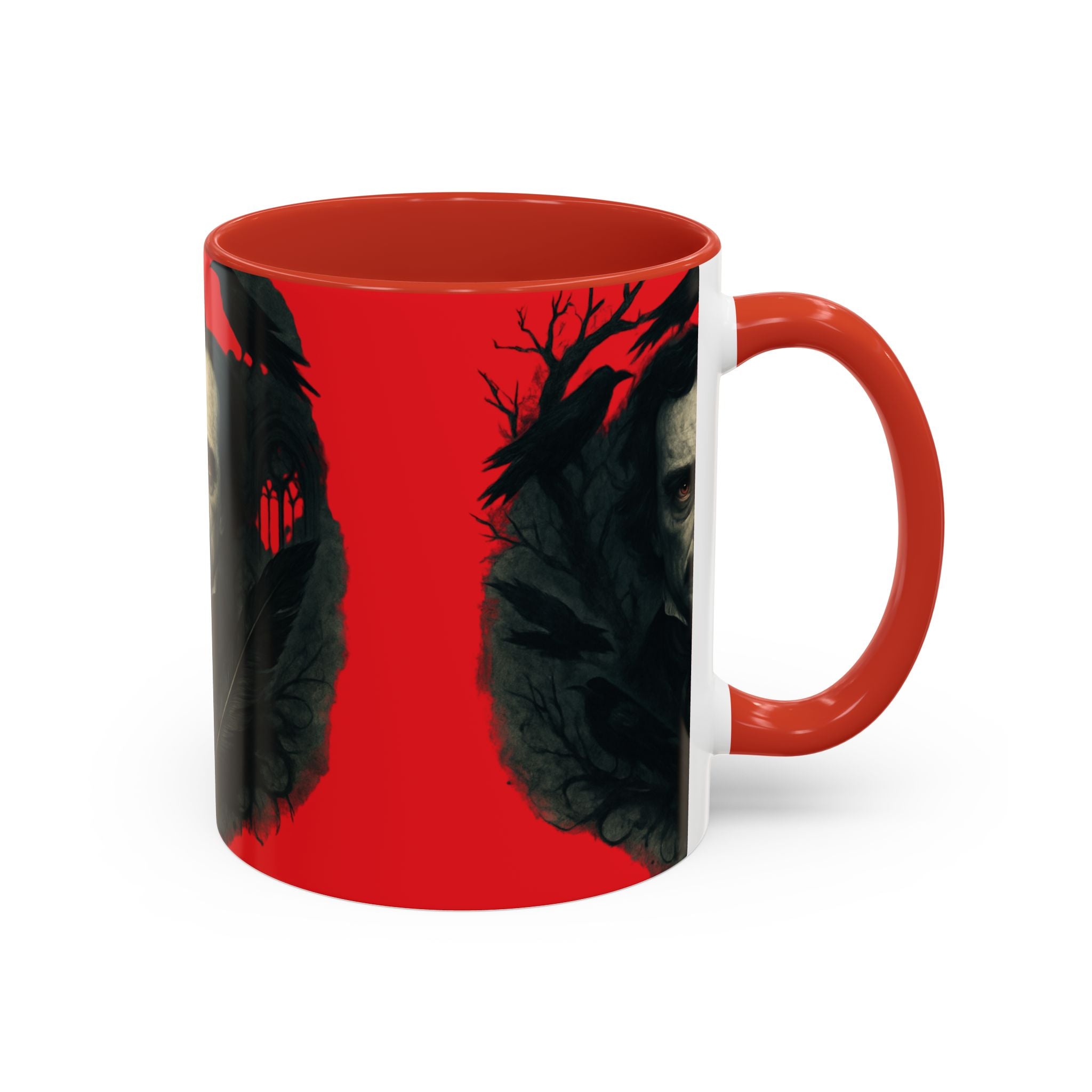 Edgar Allan Poe Portrait Coffee Mug — Gothic Raven Red Accent (11/15oz)