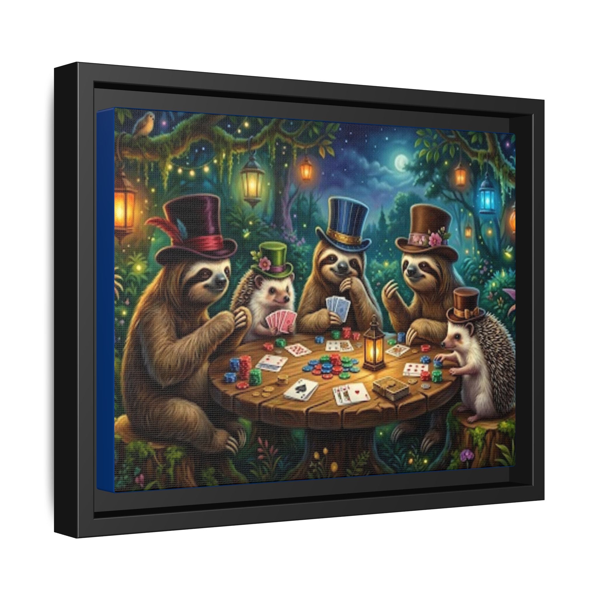 Framed Whimsical Sloth & Hedgehog Poker Night Canvas