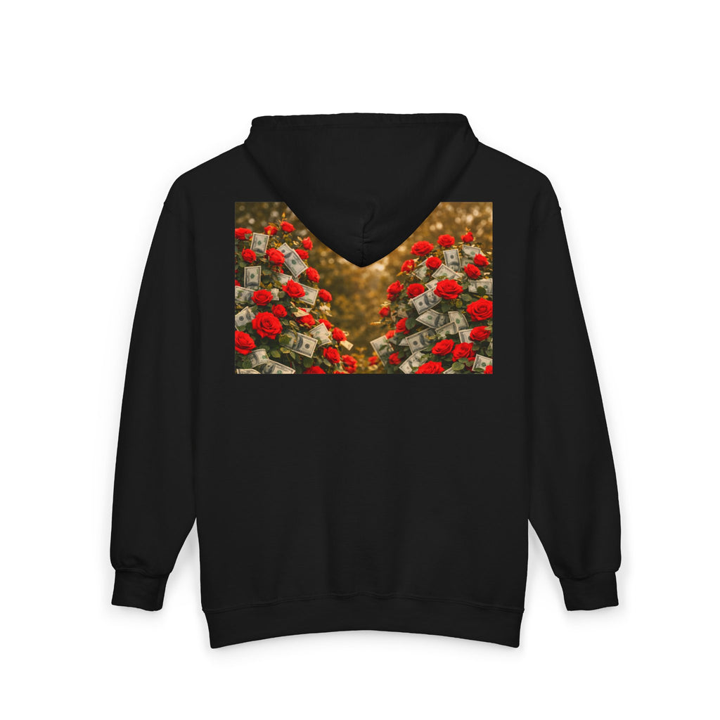 Zip Hoodie — "Pain Today, Power Tomorrow" Retro Script Front with Rose Garden Back