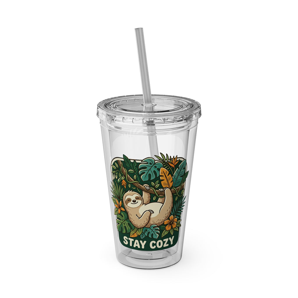 Stay Cozy Sloth Tumbler — 16oz Clear Insulated Cup with Straw