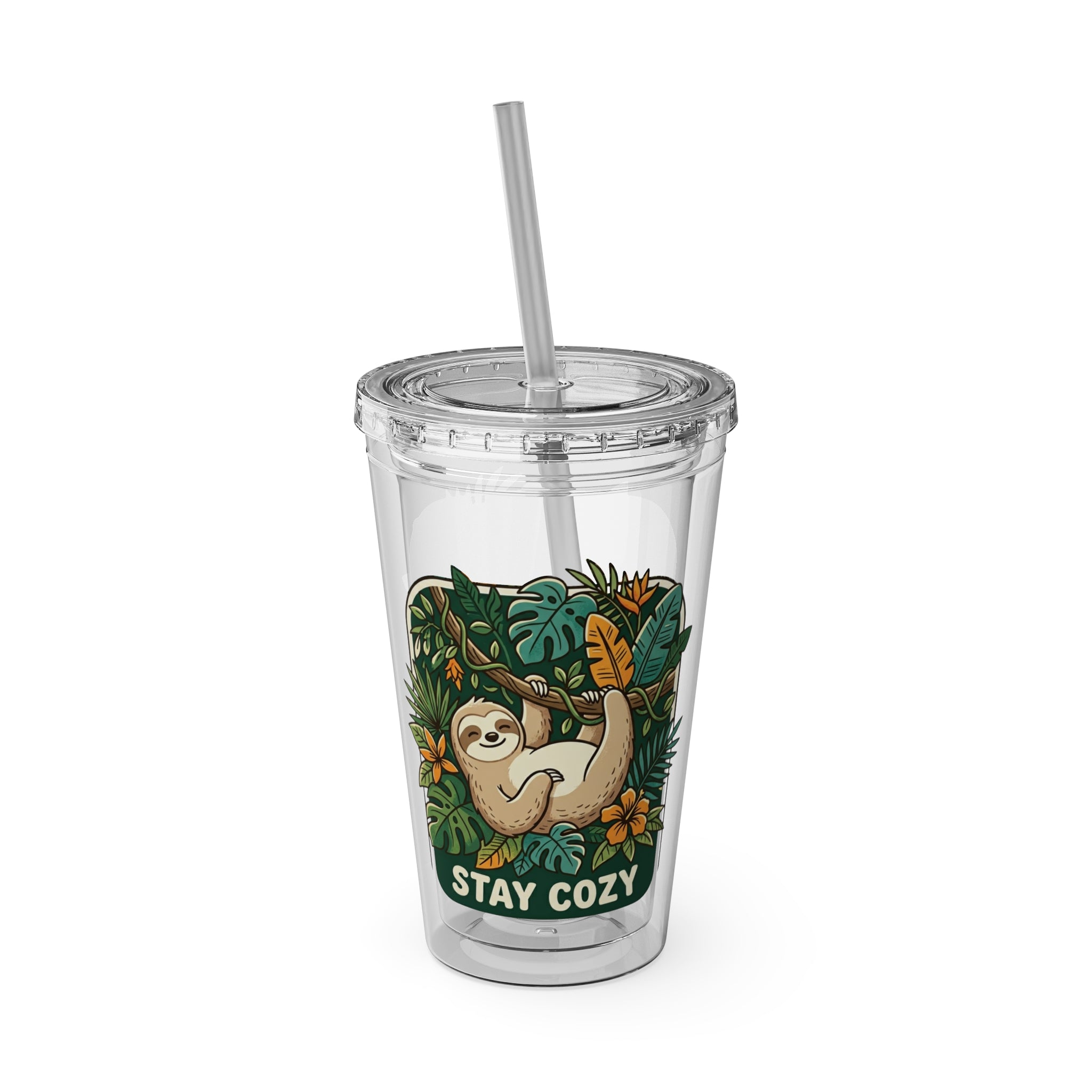 Stay Cozy Sloth Tumbler — 16oz Clear Insulated Cup with Straw