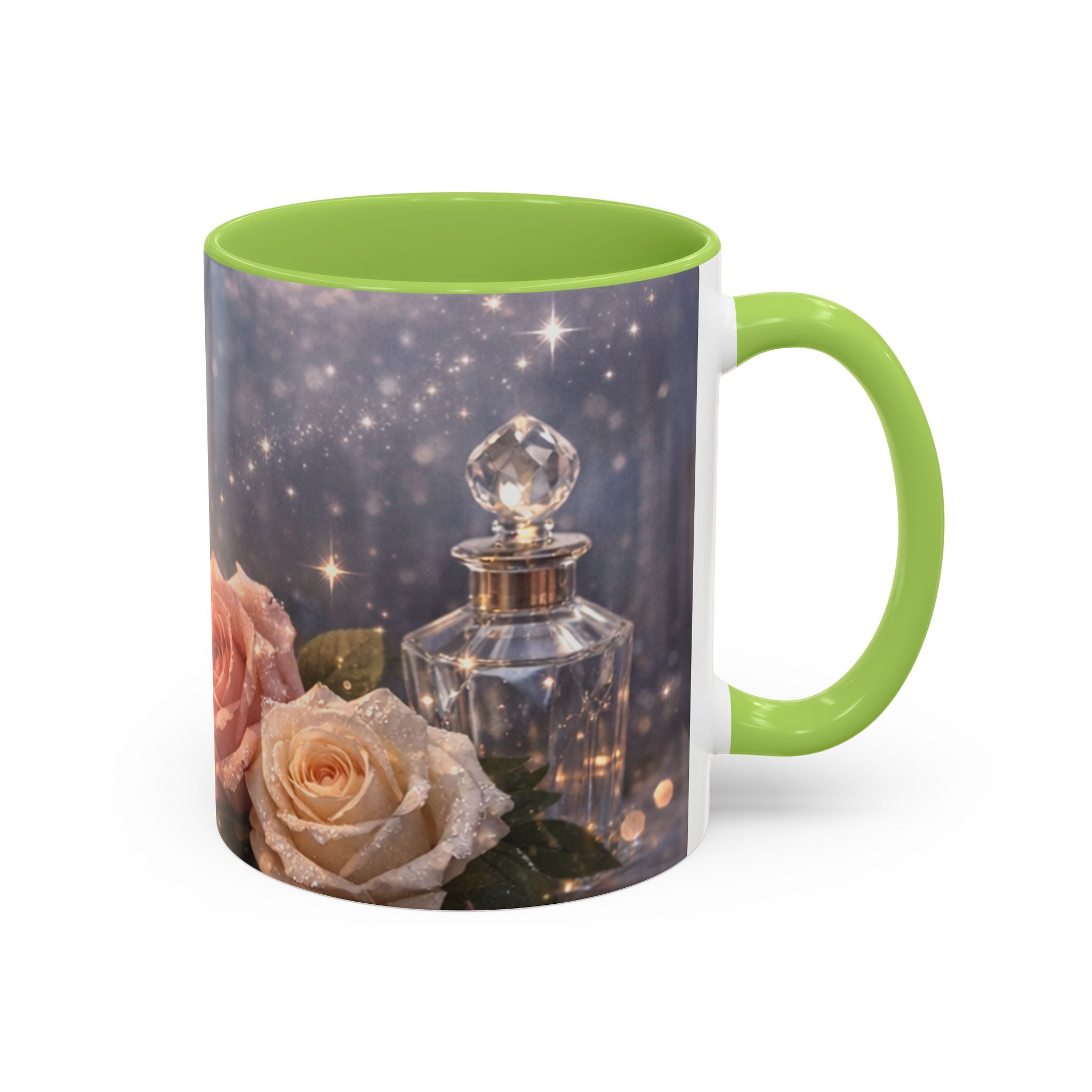 Vintage Rose & Perfume Accent Coffee Mug — Sparkling Floral 11/15oz
