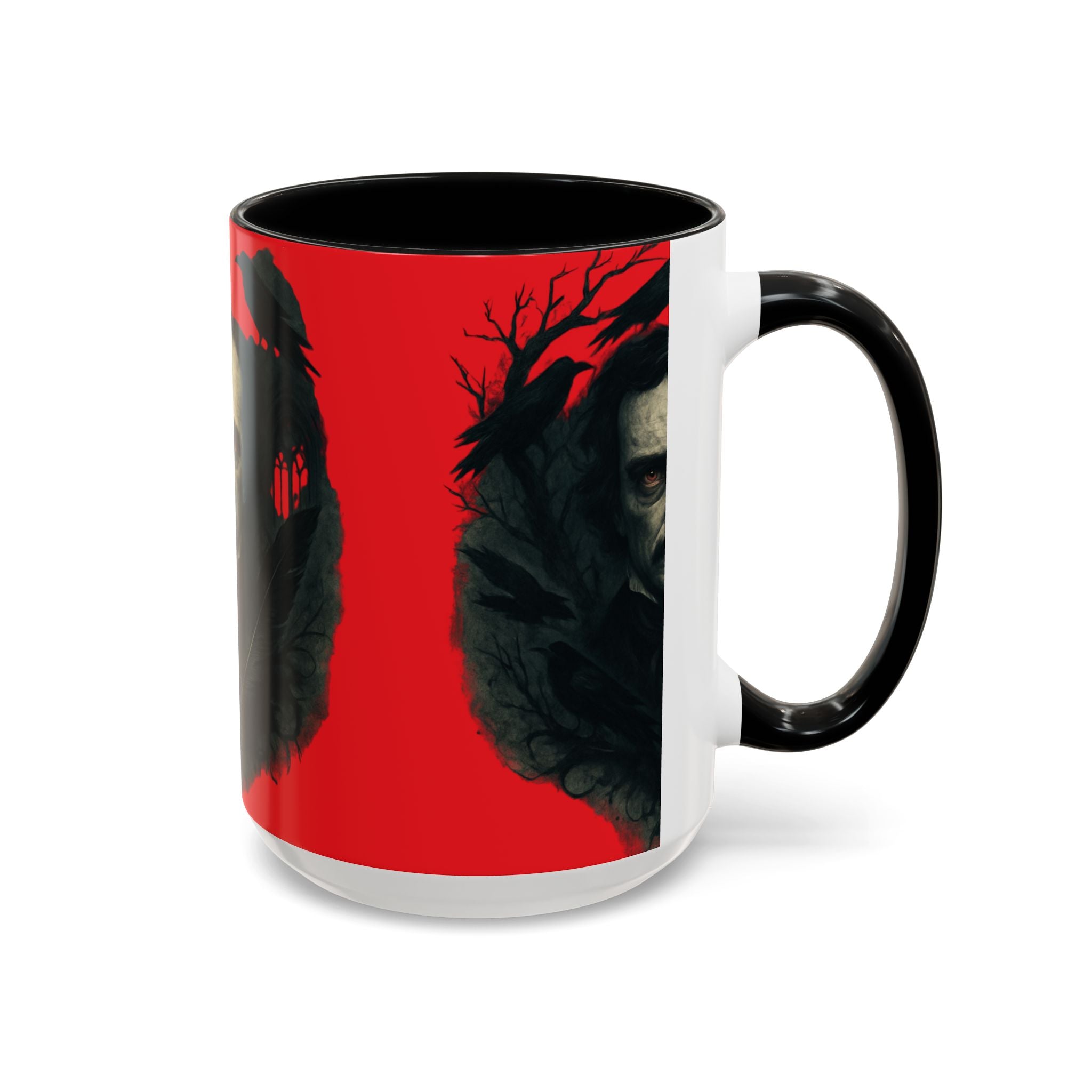 Edgar Allan Poe Portrait Coffee Mug — Gothic Raven Red Accent (11/15oz)
