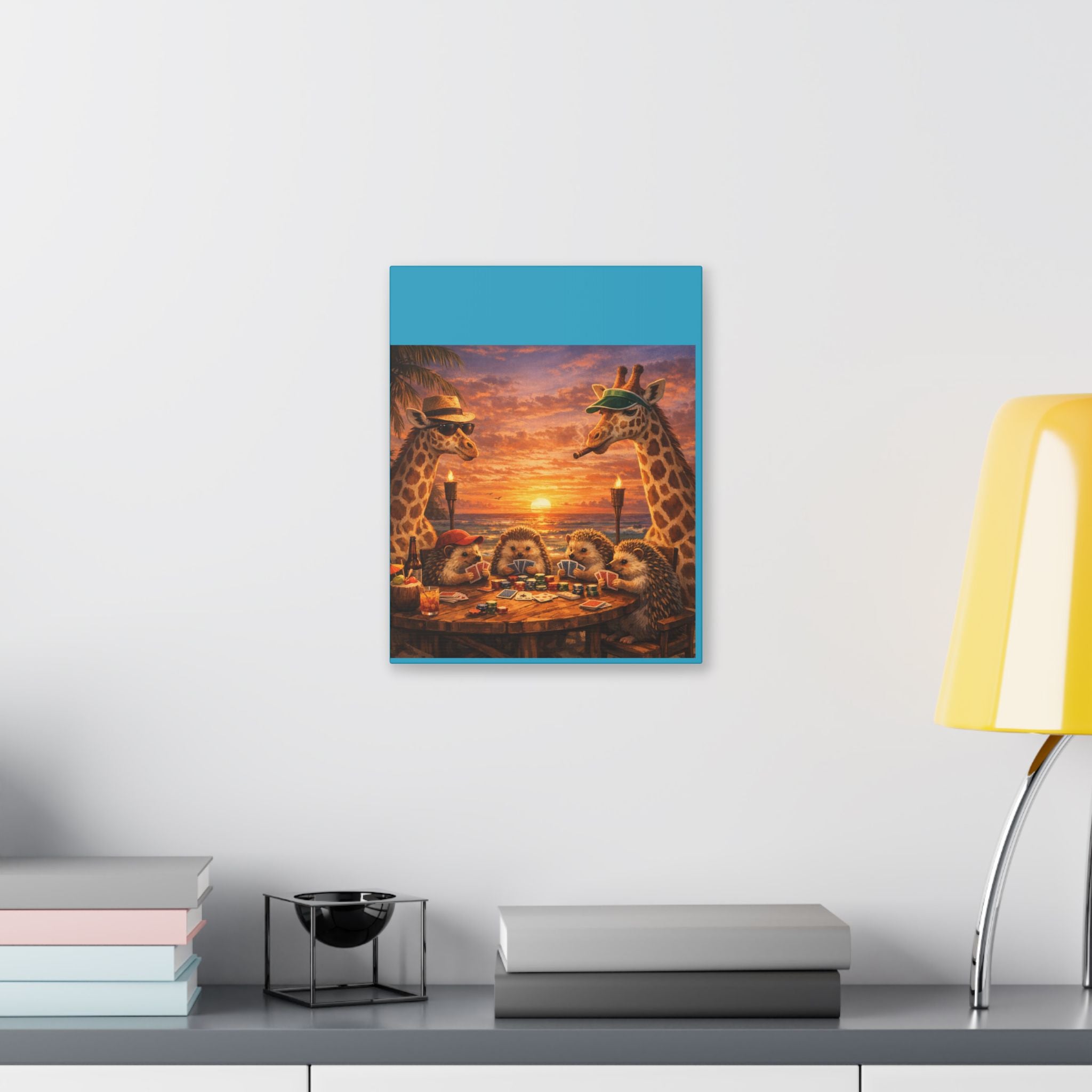 Sunset Poker Night Canvas — Whimsical Giraffes & Hedgehogs Art Print