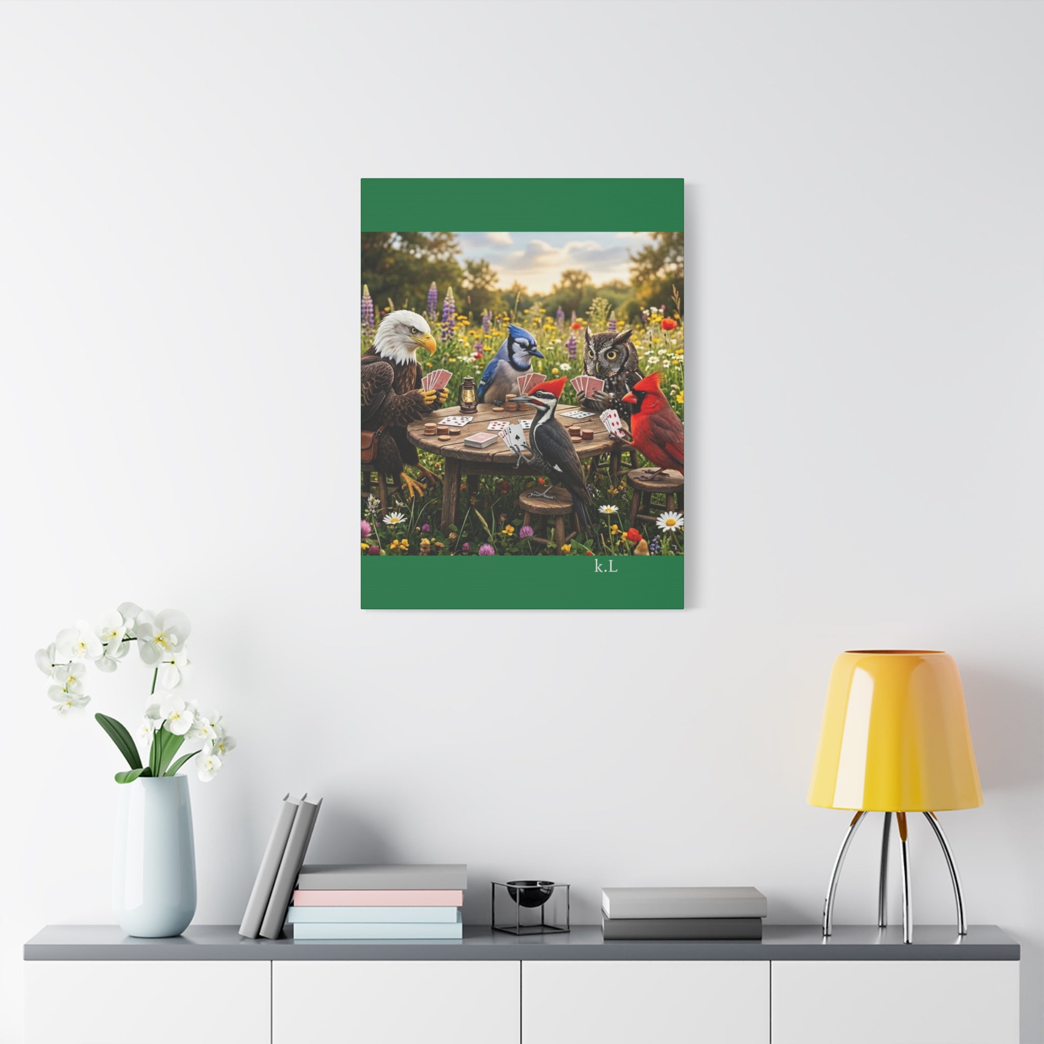 Canvas Wall Art — Woodland Birds Playing Cards Scene