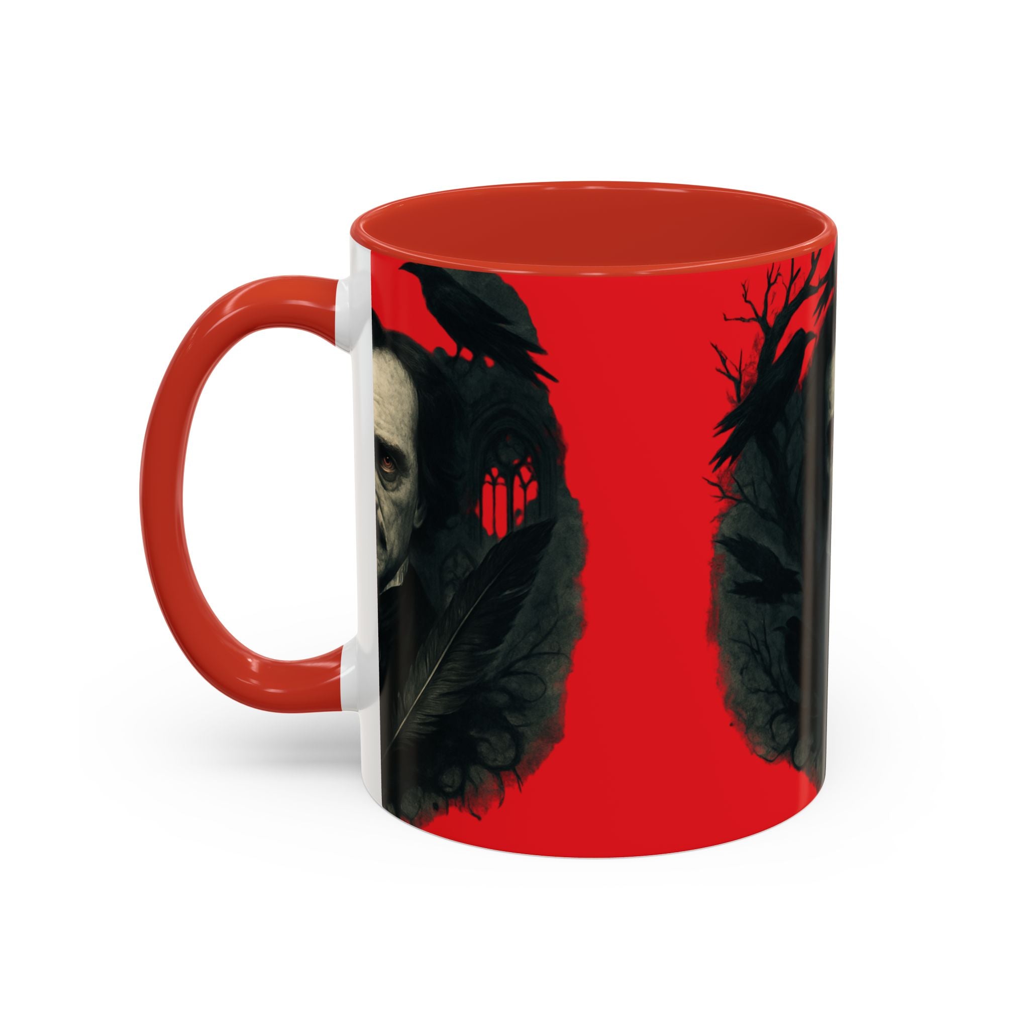 Edgar Allan Poe Portrait Coffee Mug — Gothic Raven Red Accent (11/15oz)