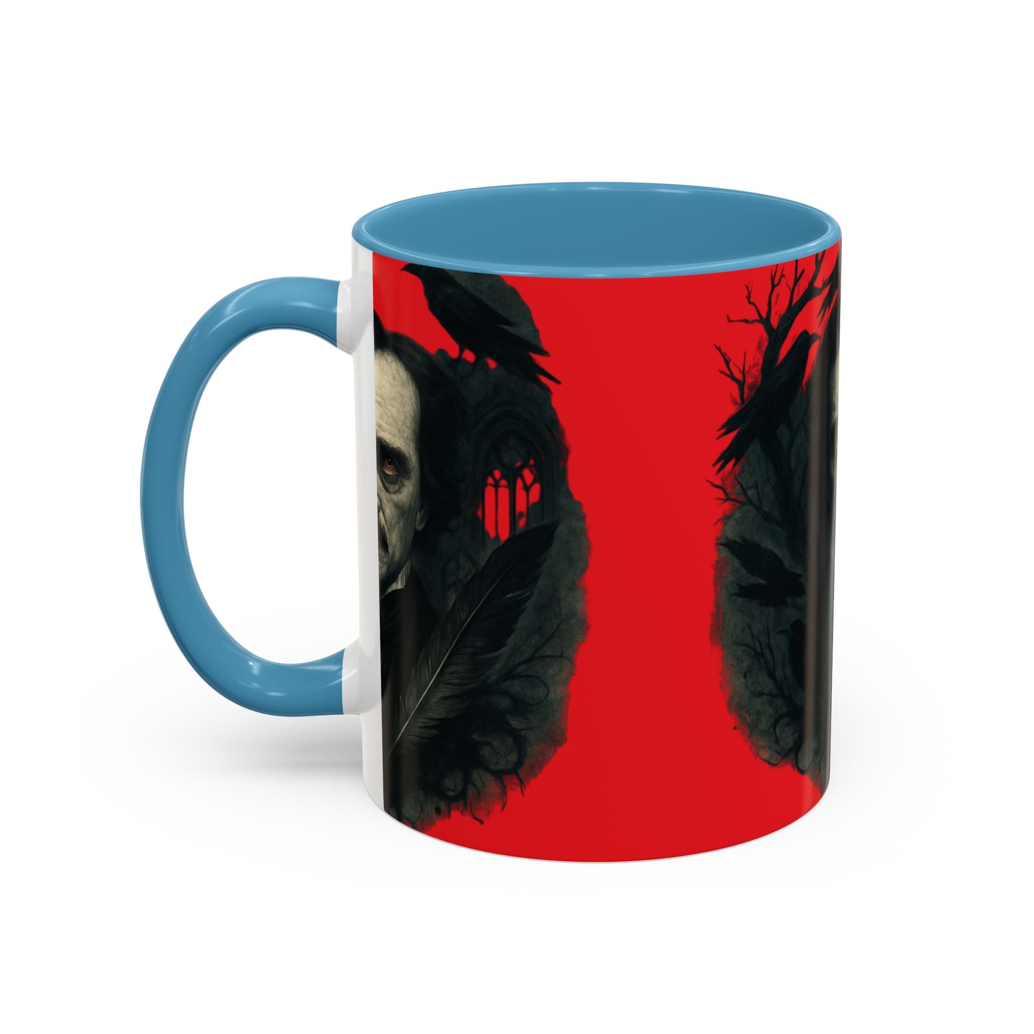 Edgar Allan Poe Portrait Coffee Mug — Gothic Raven Red Accent (11/15oz)