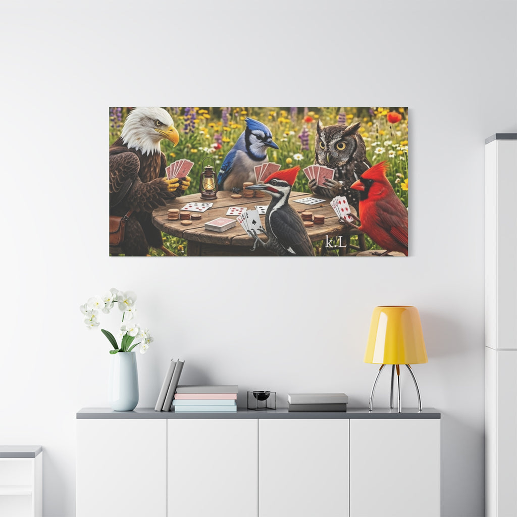 Canvas Wall Art — Woodland Birds Playing Cards Scene