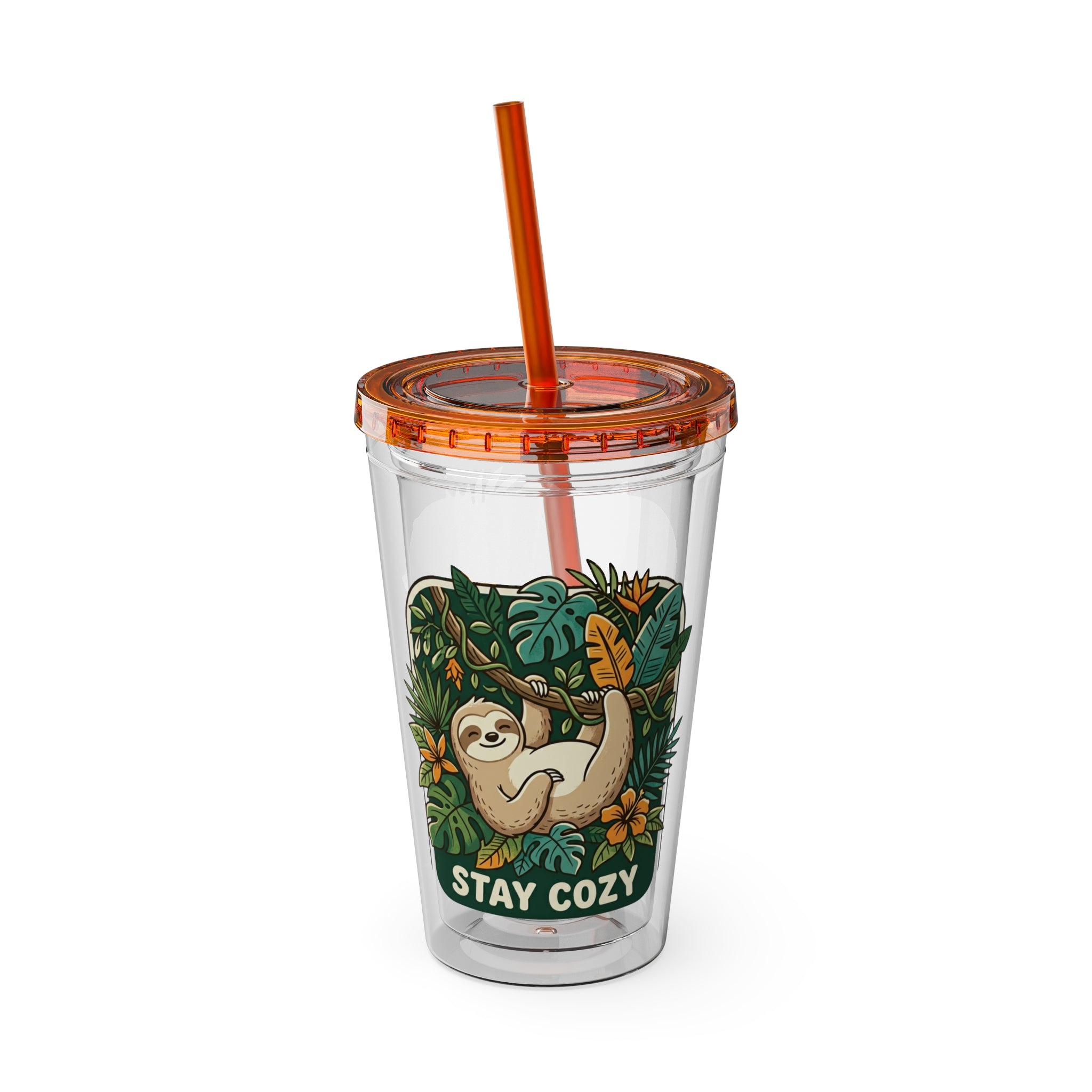 Stay Cozy Sloth Tumbler — 16oz Clear Insulated Cup with Straw
