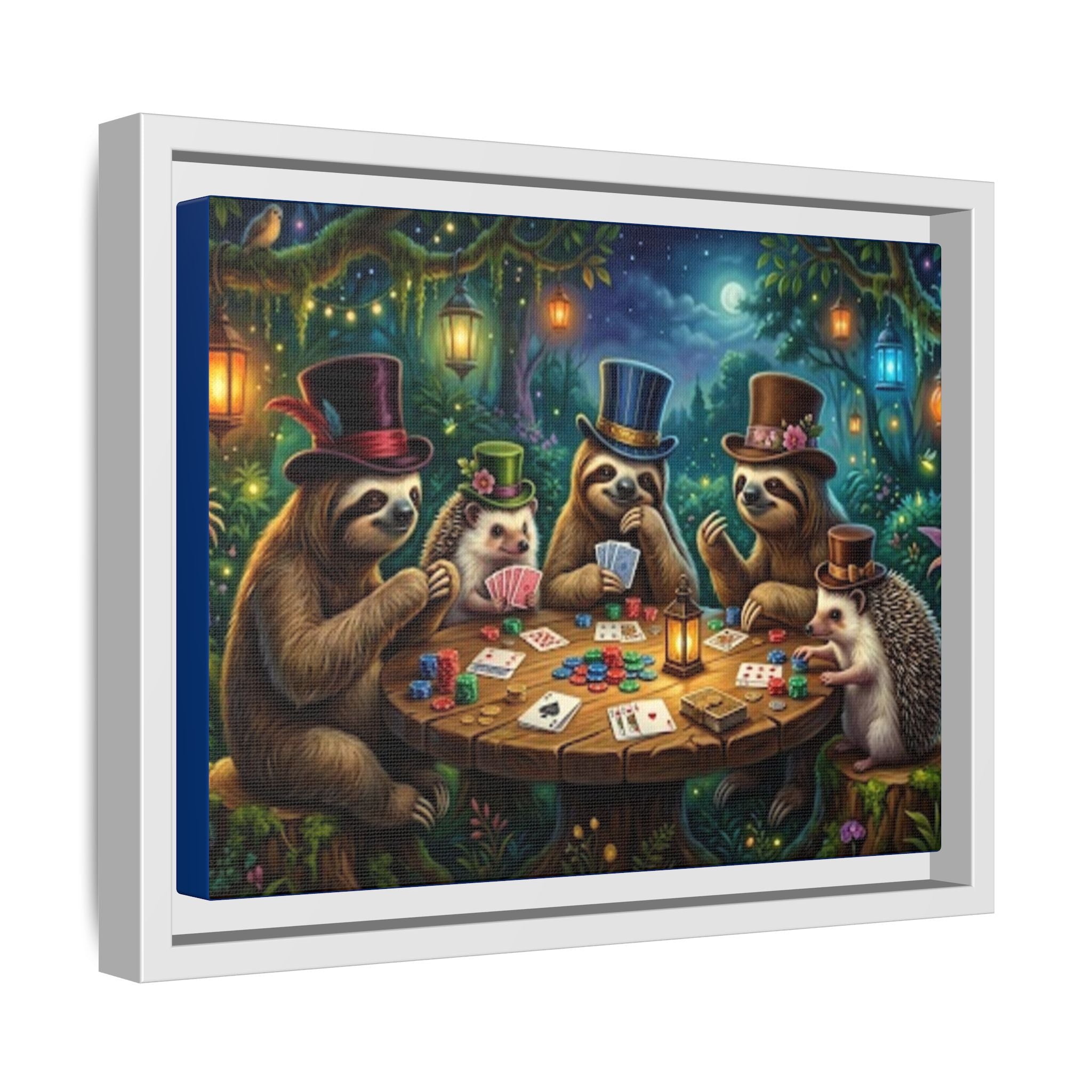 Framed Whimsical Sloth & Hedgehog Poker Night Canvas
