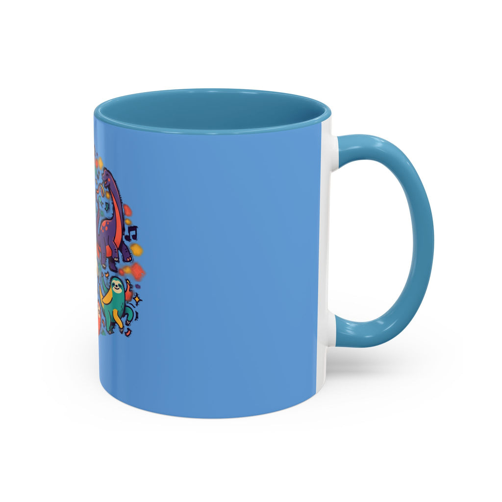 Cute Dancing Dinosaurs & Sloths Accent Coffee Mug — Colorful 11/15oz Ceramic