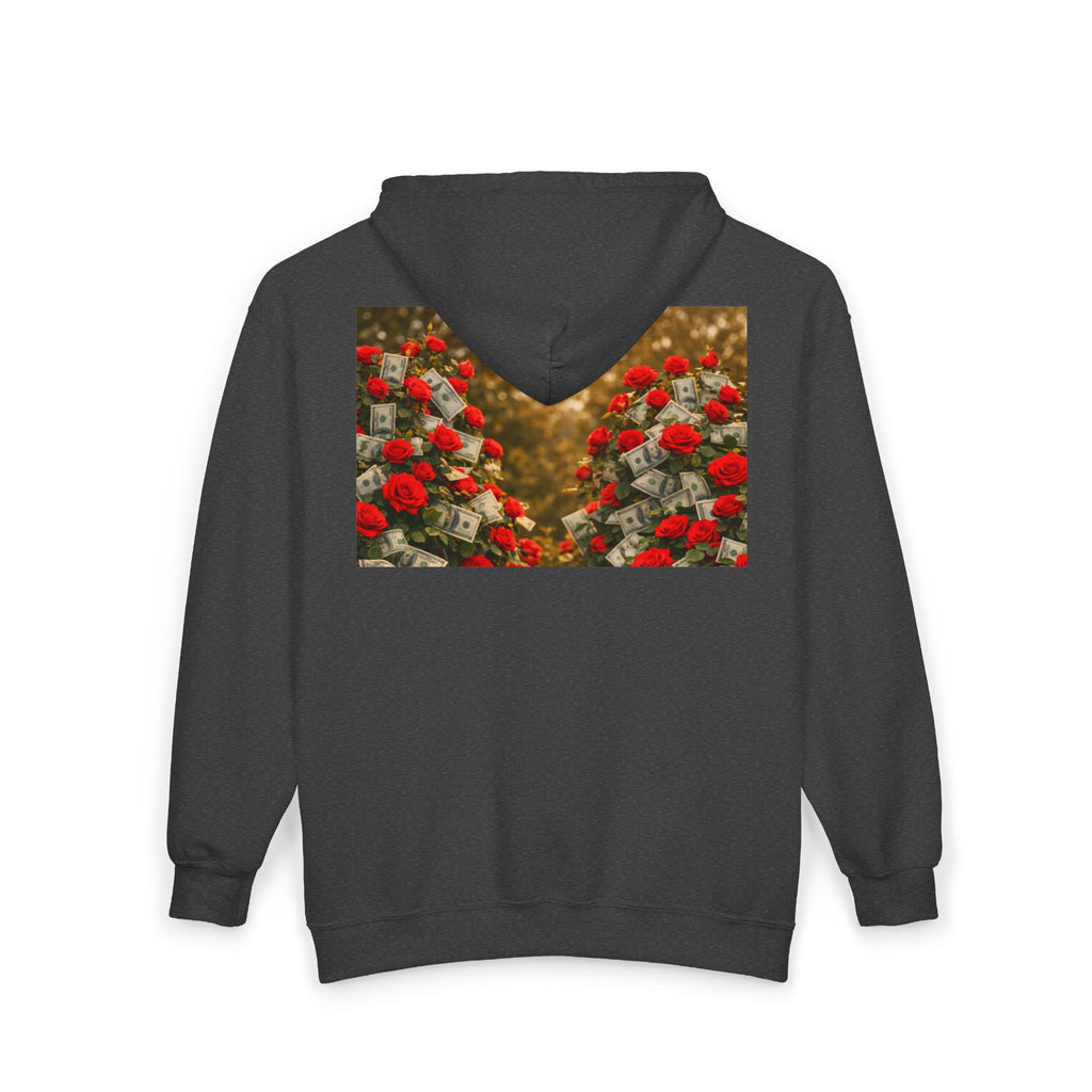 Zip Hoodie — "Pain Today, Power Tomorrow" Retro Script Front with Rose Garden Back