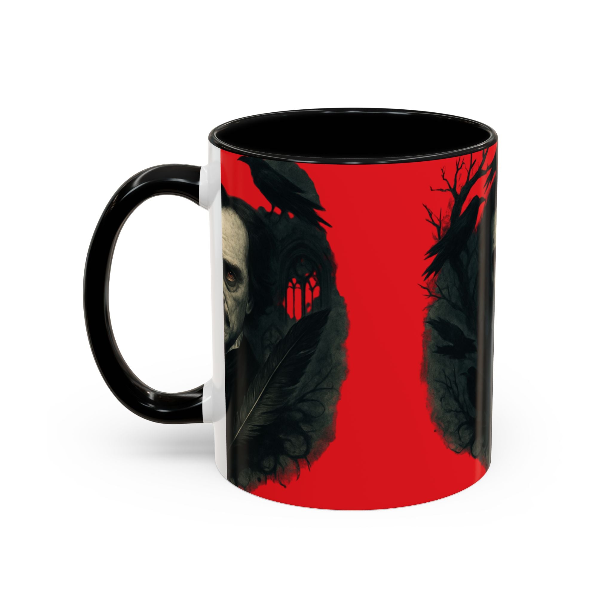Edgar Allan Poe Portrait Coffee Mug — Gothic Raven Red Accent (11/15oz)