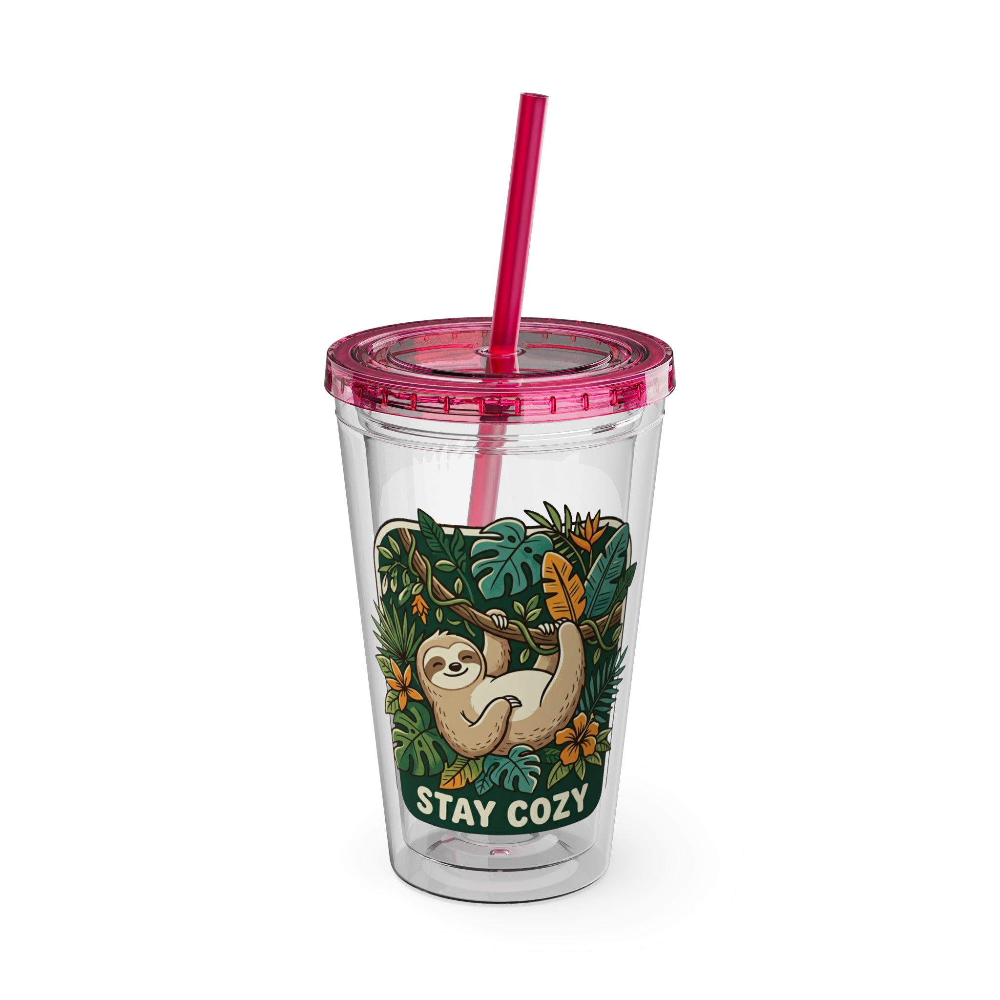 Stay Cozy Sloth Tumbler — 16oz Clear Insulated Cup with Straw