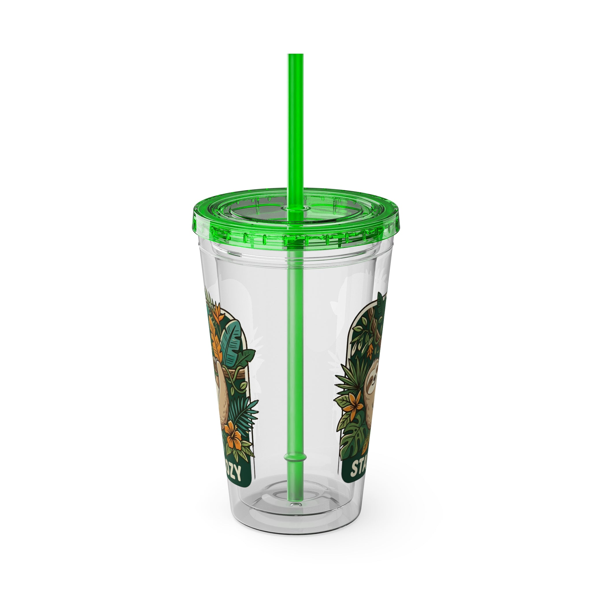 Stay Cozy Sloth Tumbler — 16oz Clear Insulated Cup with Straw
