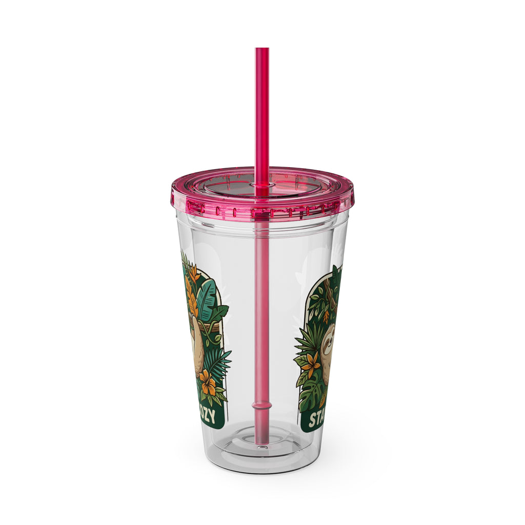 Stay Cozy Sloth Tumbler — 16oz Clear Insulated Cup with Straw