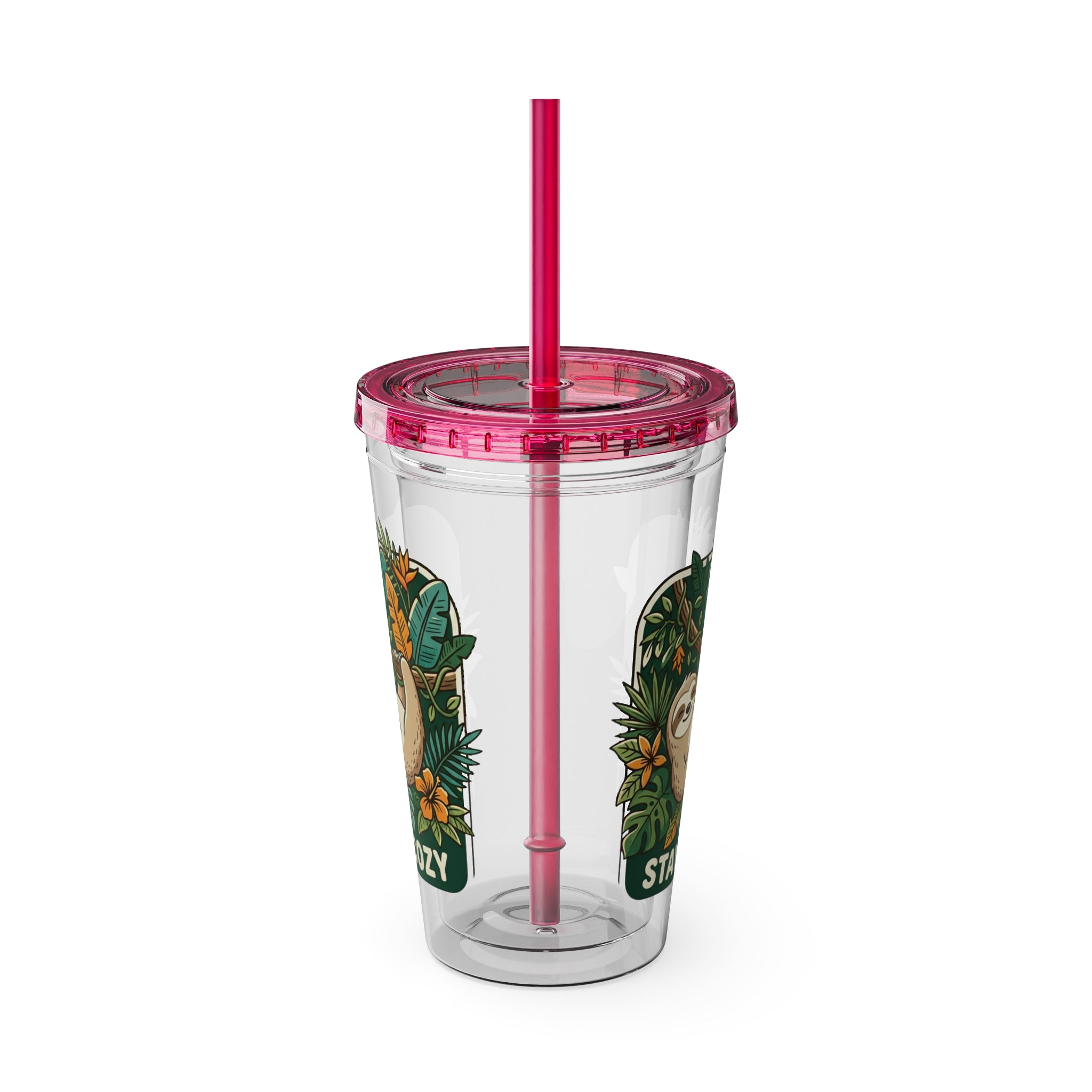 Stay Cozy Sloth Tumbler — 16oz Clear Insulated Cup with Straw