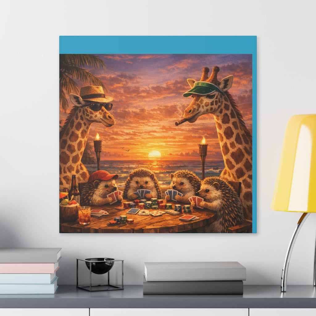 Sunset Poker Night Canvas — Whimsical Giraffes & Hedgehogs Art Print