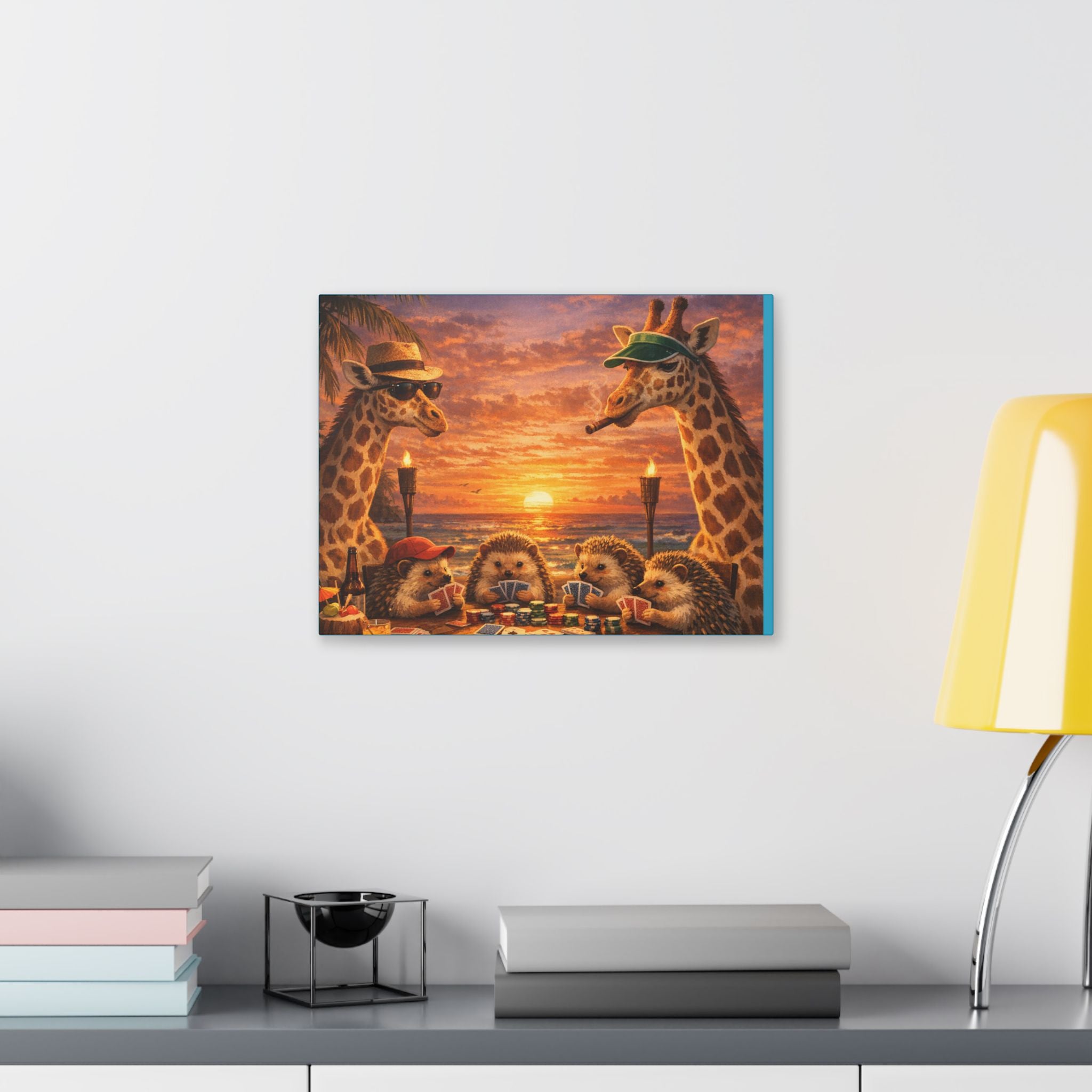 Sunset Poker Night Canvas — Whimsical Giraffes & Hedgehogs Art Print