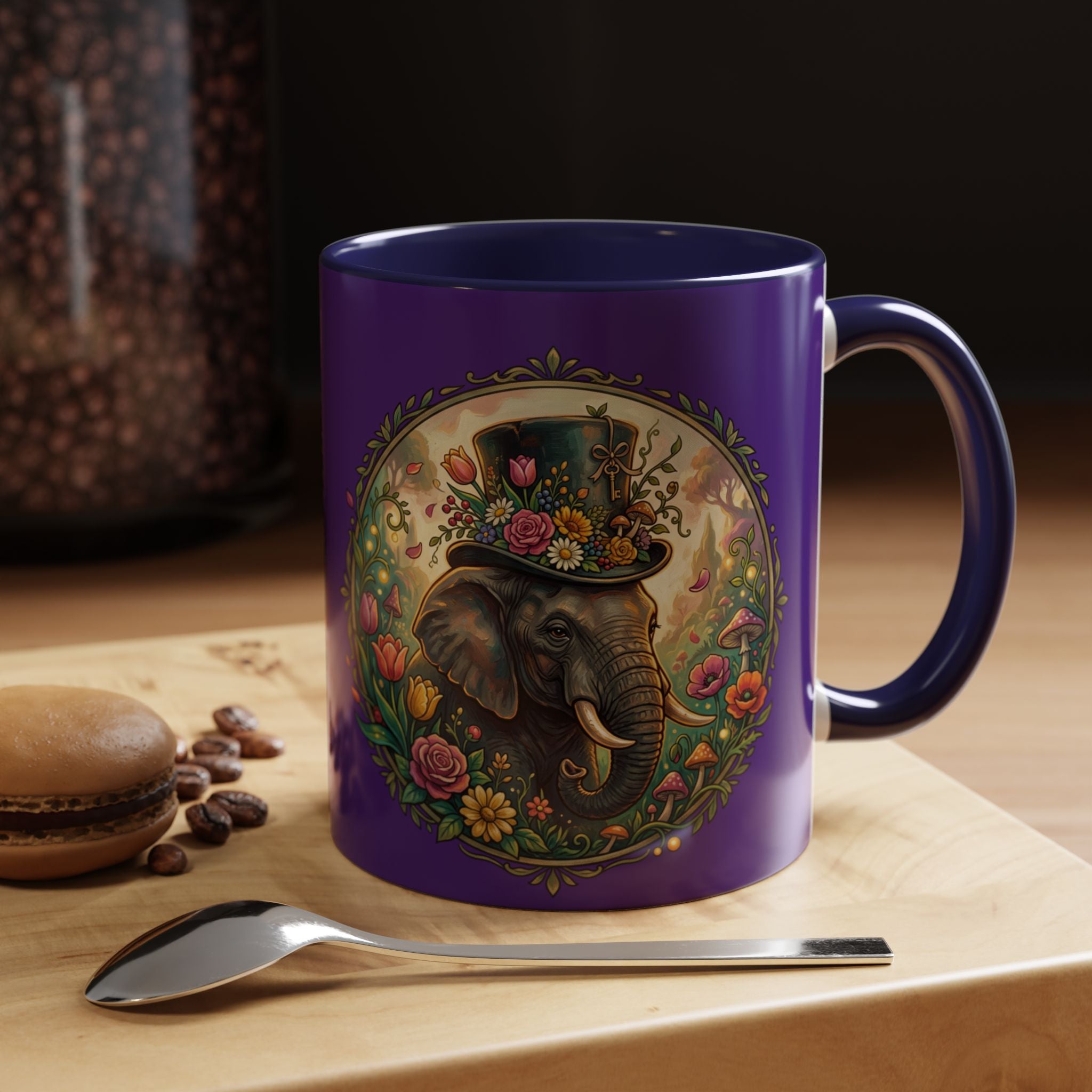Elephant & Tulips Accent Coffee Mug — Floral Elephant Ceramic Mug (11/15oz)