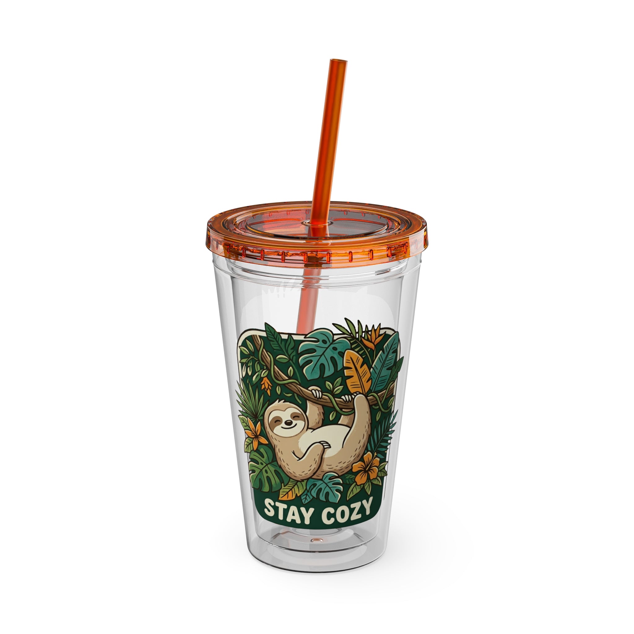 Stay Cozy Sloth Tumbler — 16oz Clear Insulated Cup with Straw