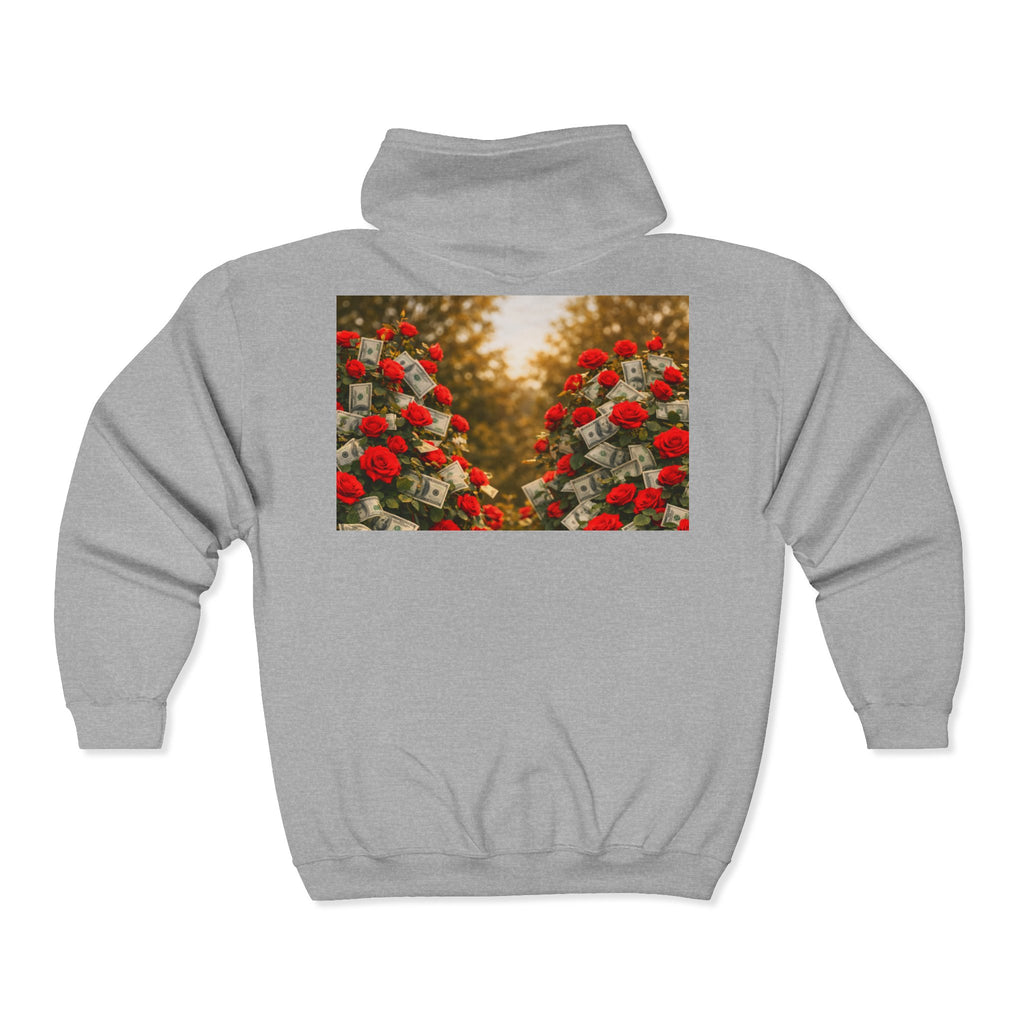 Zip Hoodie — "Pain Today, Power Tomorrow" Retro Script Front with Rose Garden Back