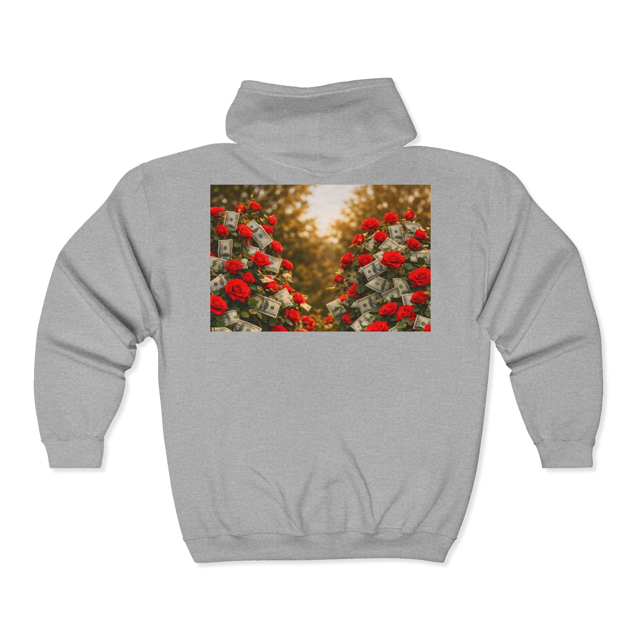 Zip Hoodie — "Pain Today, Power Tomorrow" Retro Script Front with Rose Garden Back