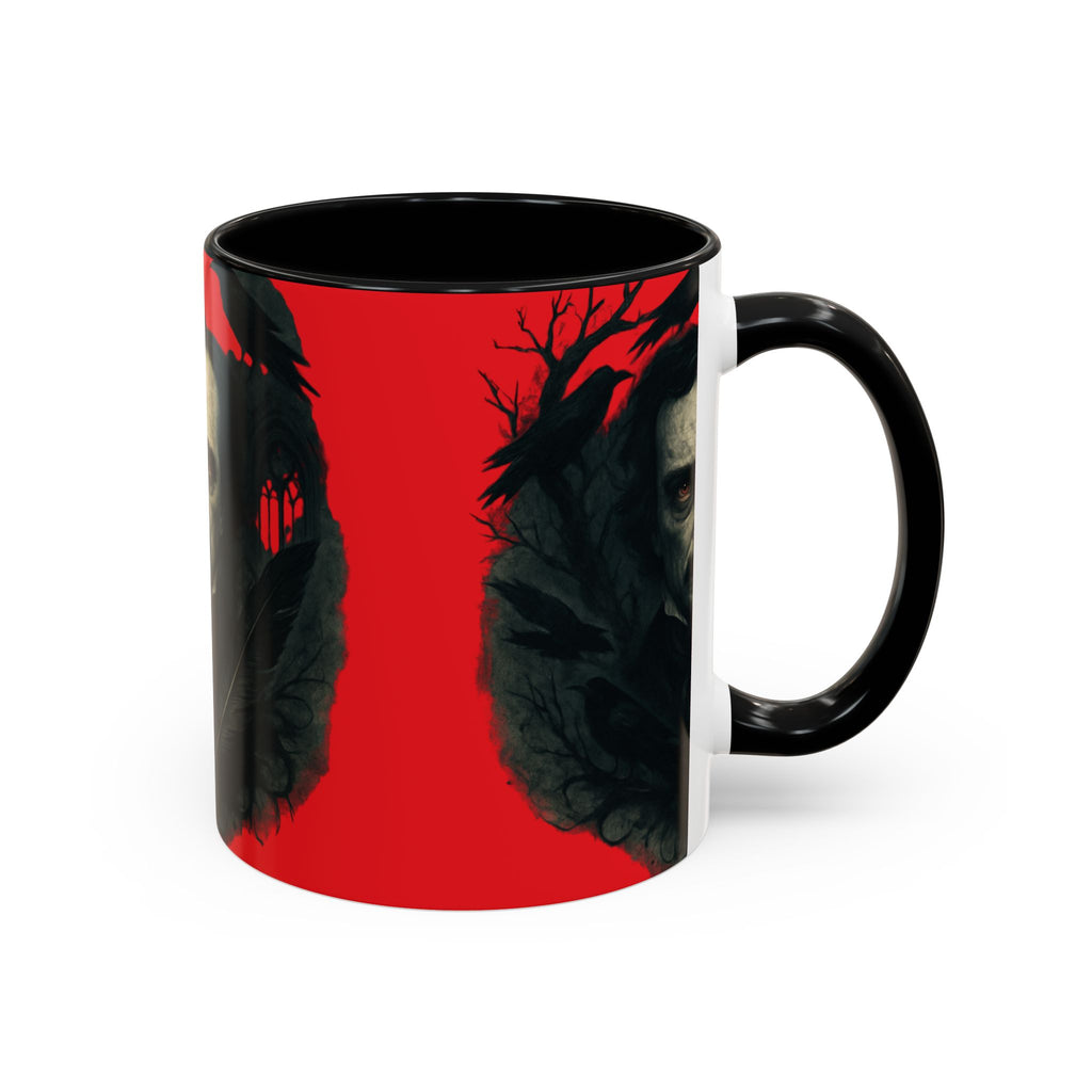 Edgar Allan Poe Portrait Coffee Mug — Gothic Raven Red Accent (11/15oz)