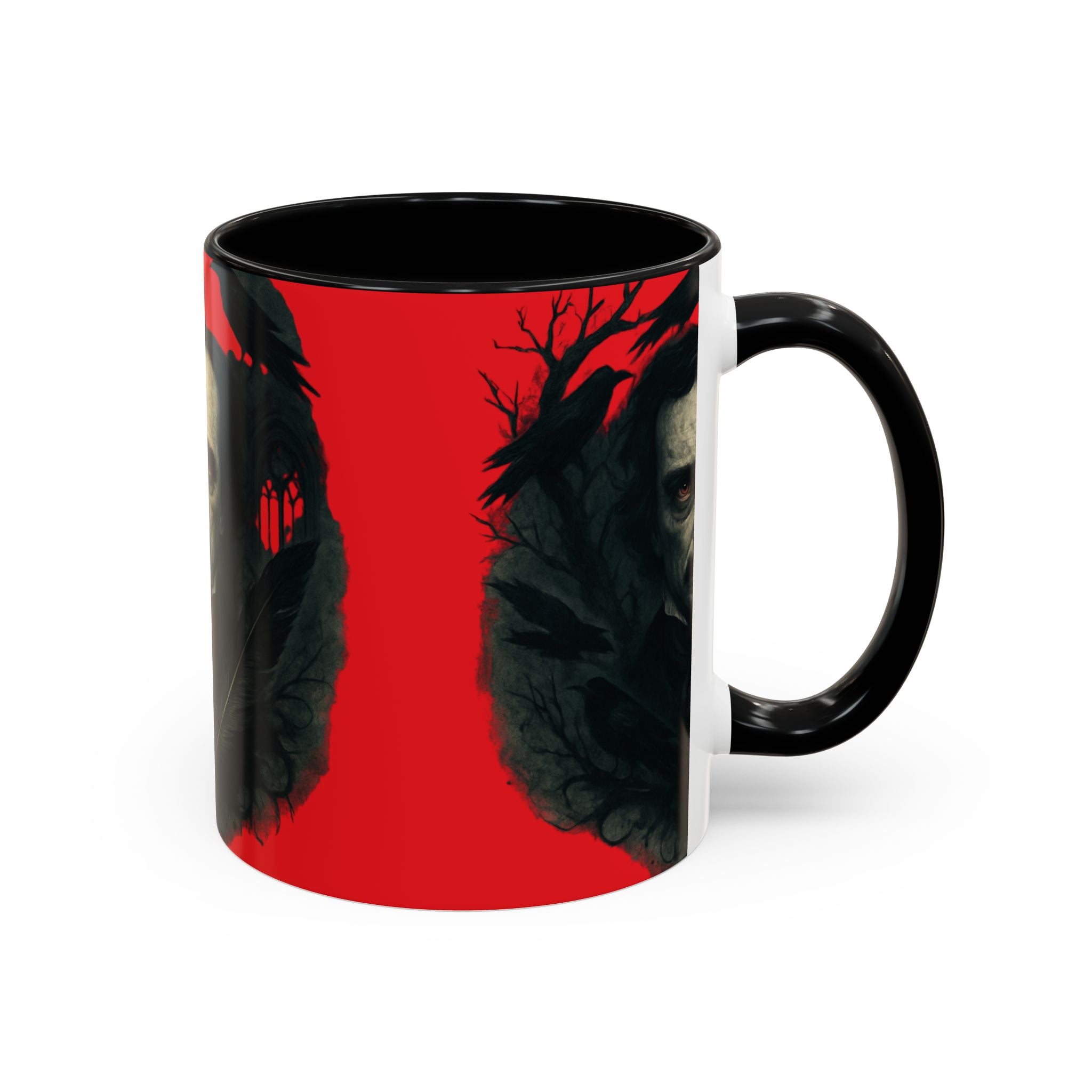 Edgar Allan Poe Portrait Coffee Mug — Gothic Raven Red Accent (11/15oz)