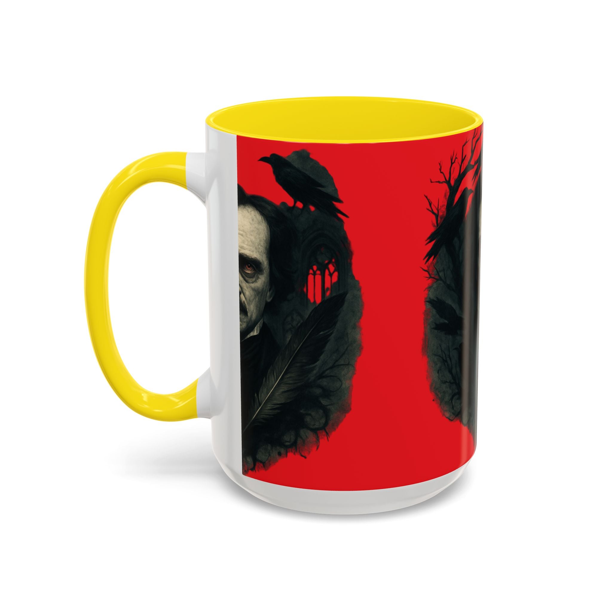 Edgar Allan Poe Portrait Coffee Mug — Gothic Raven Red Accent (11/15oz)