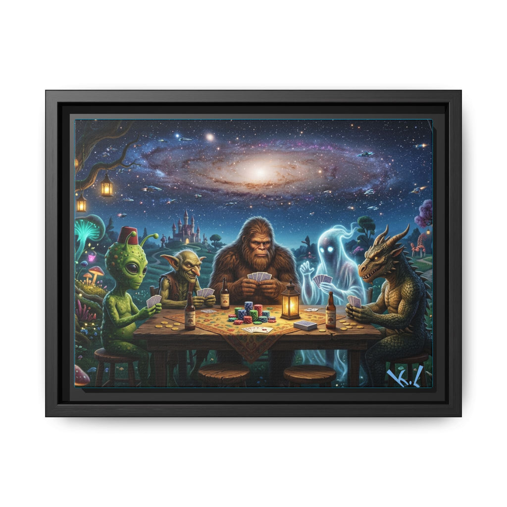 Framed Cosmic Poker Night Matte Canvas Print — Alien & Mythical Creatures Wall Art
