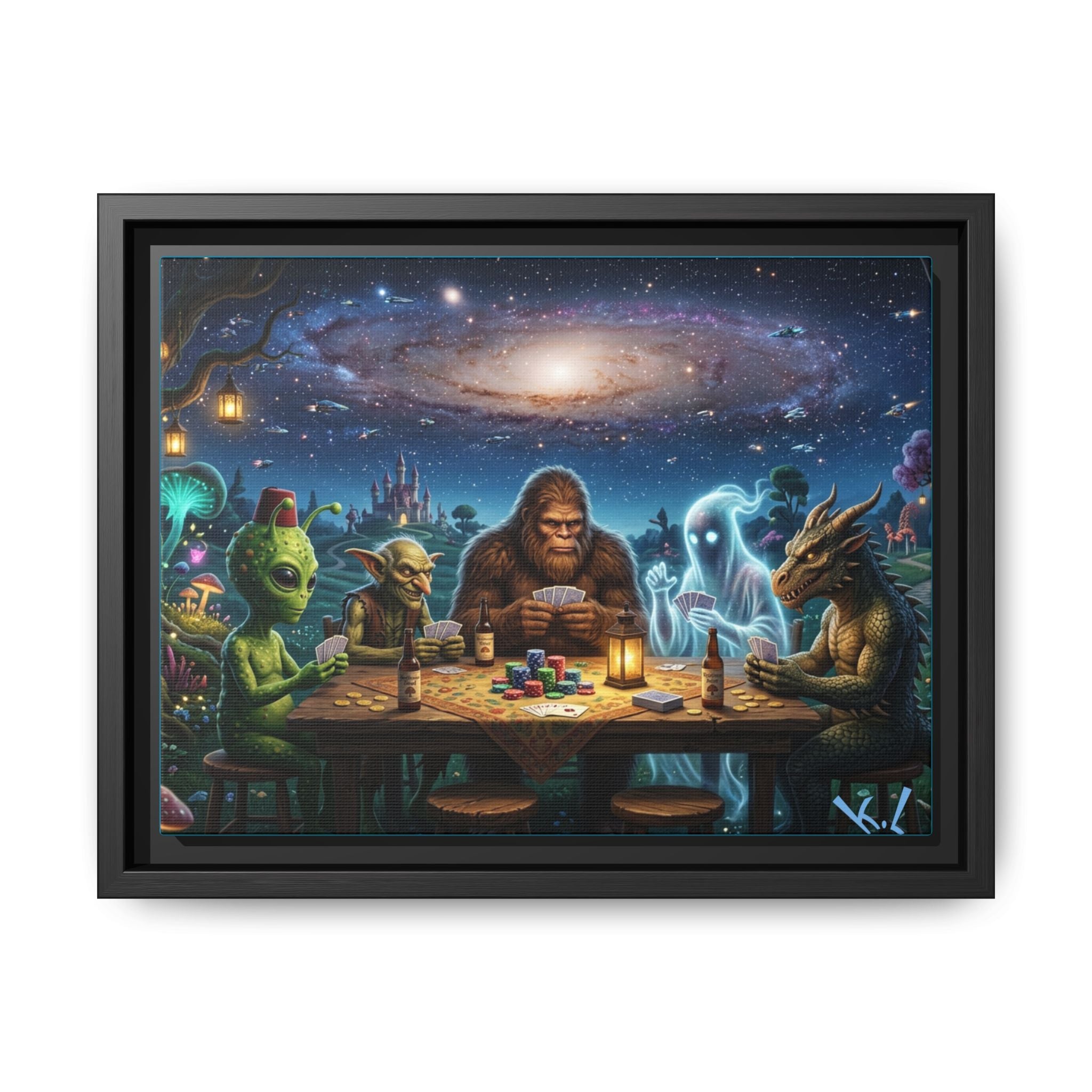 Framed Cosmic Poker Night Matte Canvas Print — Alien & Mythical Creatures Wall Art