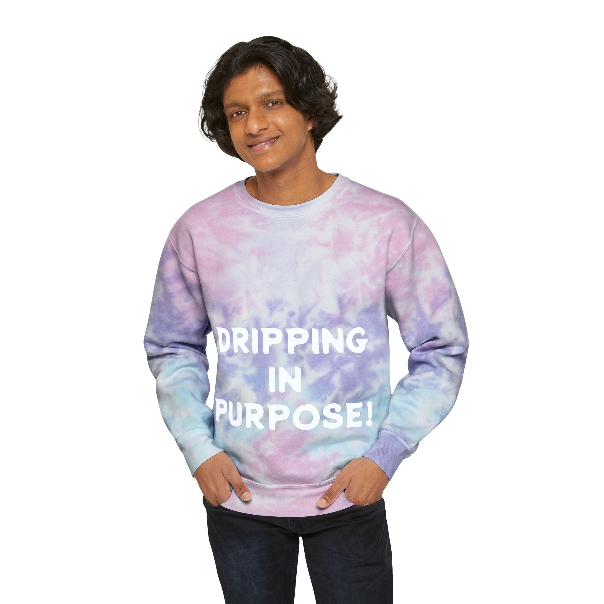 Tie-Dye Sweatshirt — "Dripping in Purpose!" Motivational Blue Tie-Dye Crewneck
