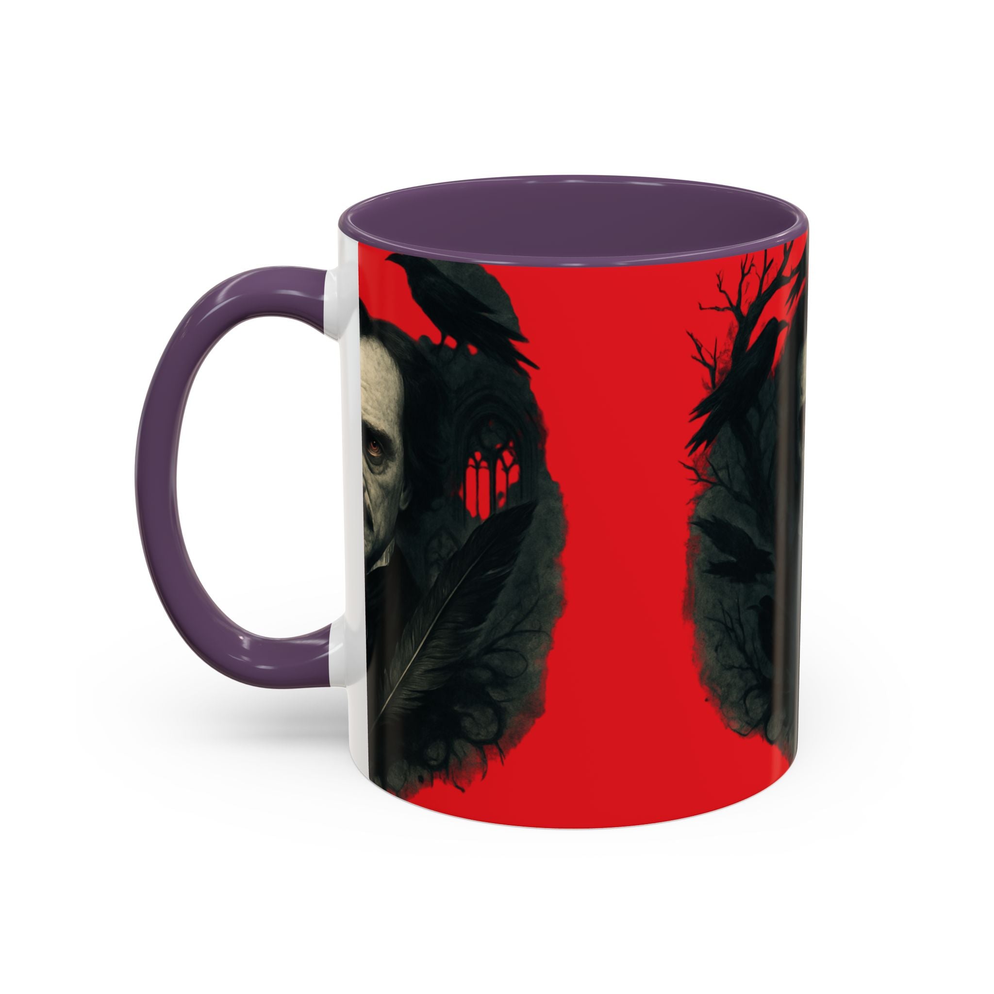 Edgar Allan Poe Portrait Coffee Mug — Gothic Raven Red Accent (11/15oz)